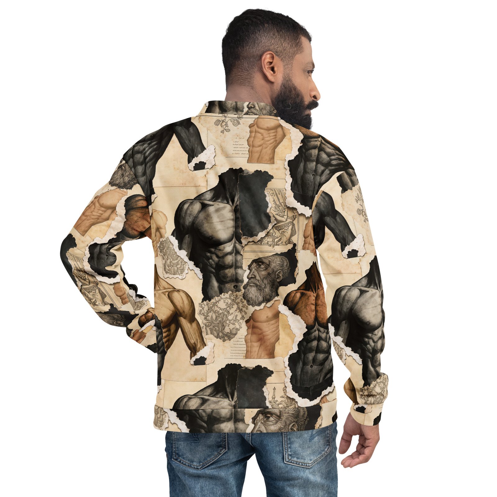 Męska bluza bomber z grafiką szkiców anatomii i renesansowych rycin| Zarn.pl Męska bluza bomber z grafiką szkiców anatomii i renesansowych rycin - obrazek 6