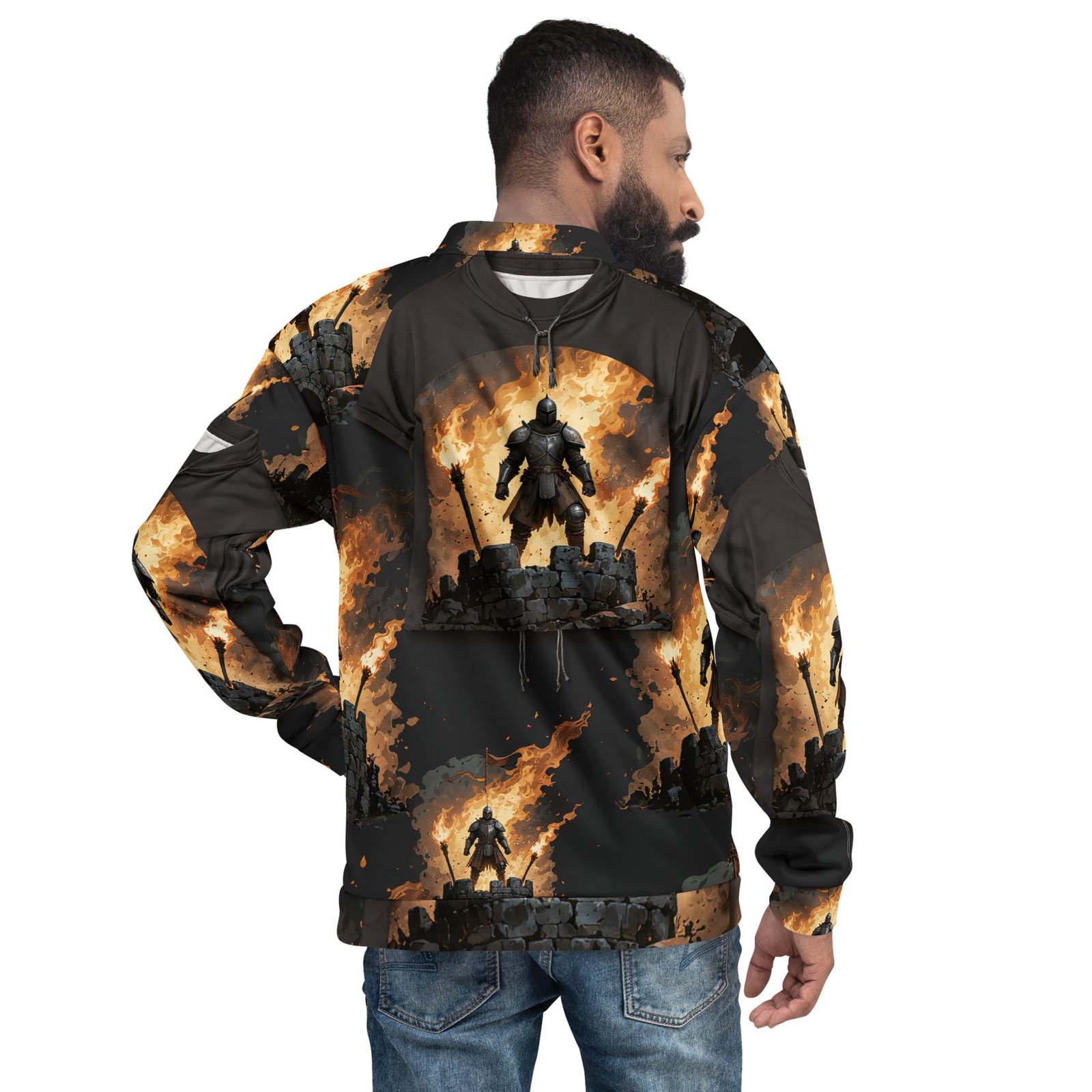 Męska bluza bomber z grafiką rycerza na płonących murach zamku| Zarn.pl Męska bluza bomber z grafiką rycerza na płonących murach zamku - obrazek 6