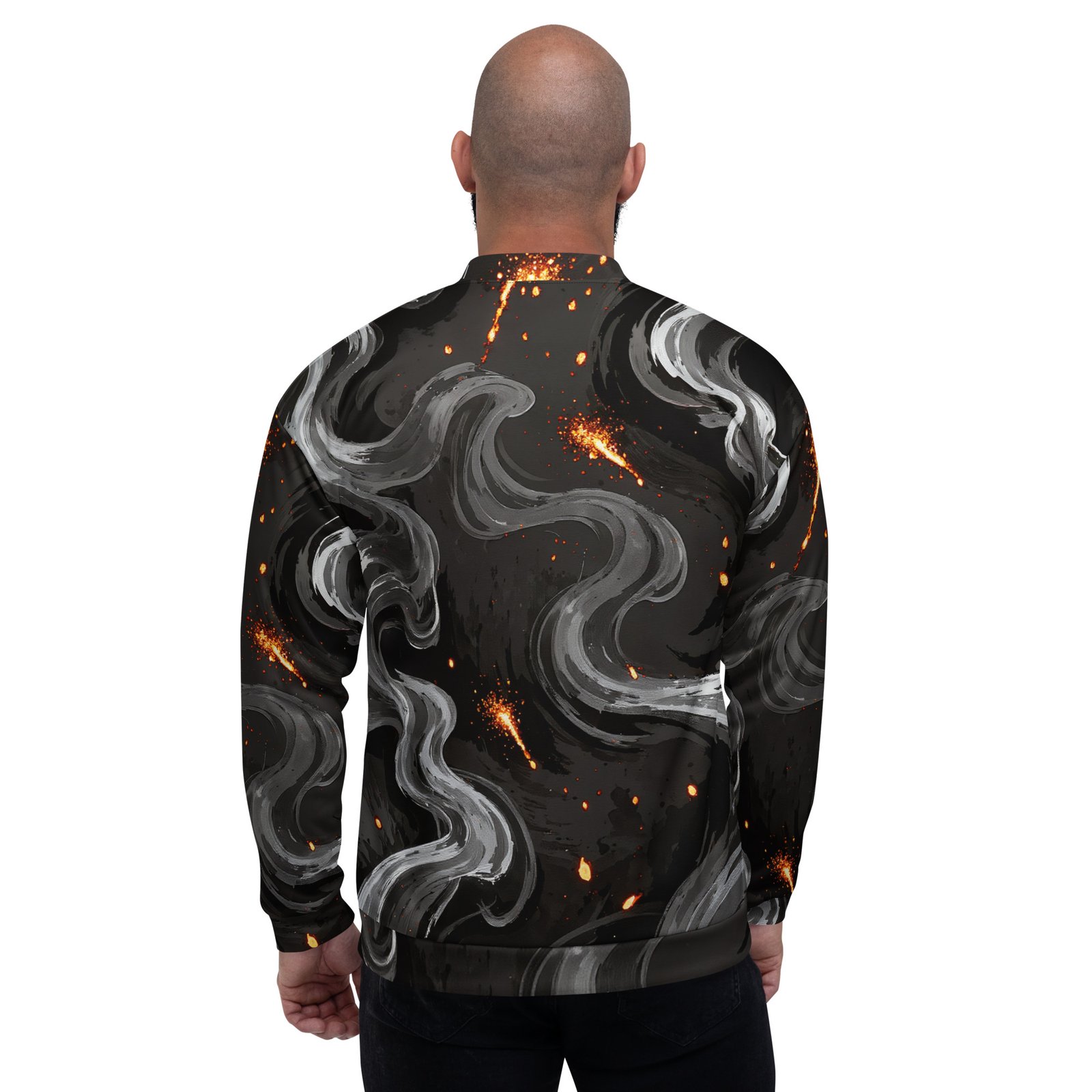 Męska bluza bomber z grafiką abstrakcyjnych smug dymu i iskier| Zarn.pl Męska bluza bomber z grafiką abstrakcyjnych smug dymu i iskier - obrazek 7