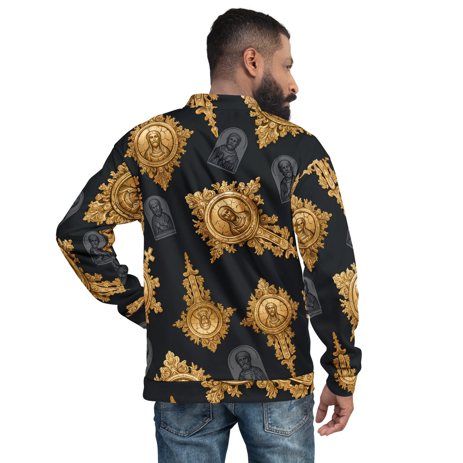 Męska bluza bomber z grafiką złotych ikon i ornamentów sakralnych| Zarn.pl Męska bluza bomber z grafiką złotych ikon i ornamentów sakralnych - obrazek 6