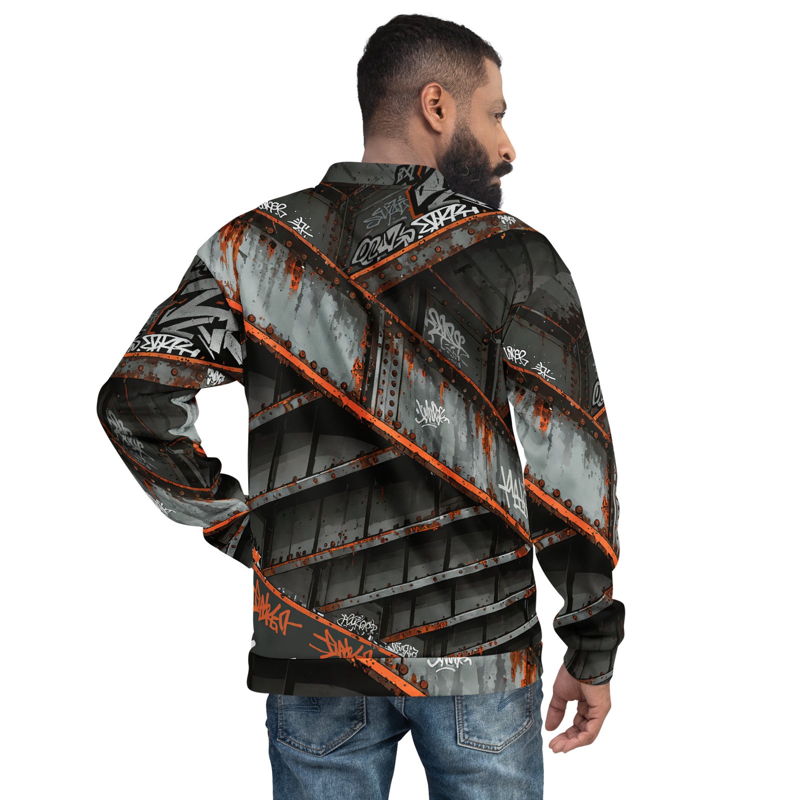 Męska bluza bomber z grafiką industrialnej konstrukcji i graffiti| Zarn.pl Męska bluza bomber z grafiką industrialnej konstrukcji i graffiti - obrazek 6