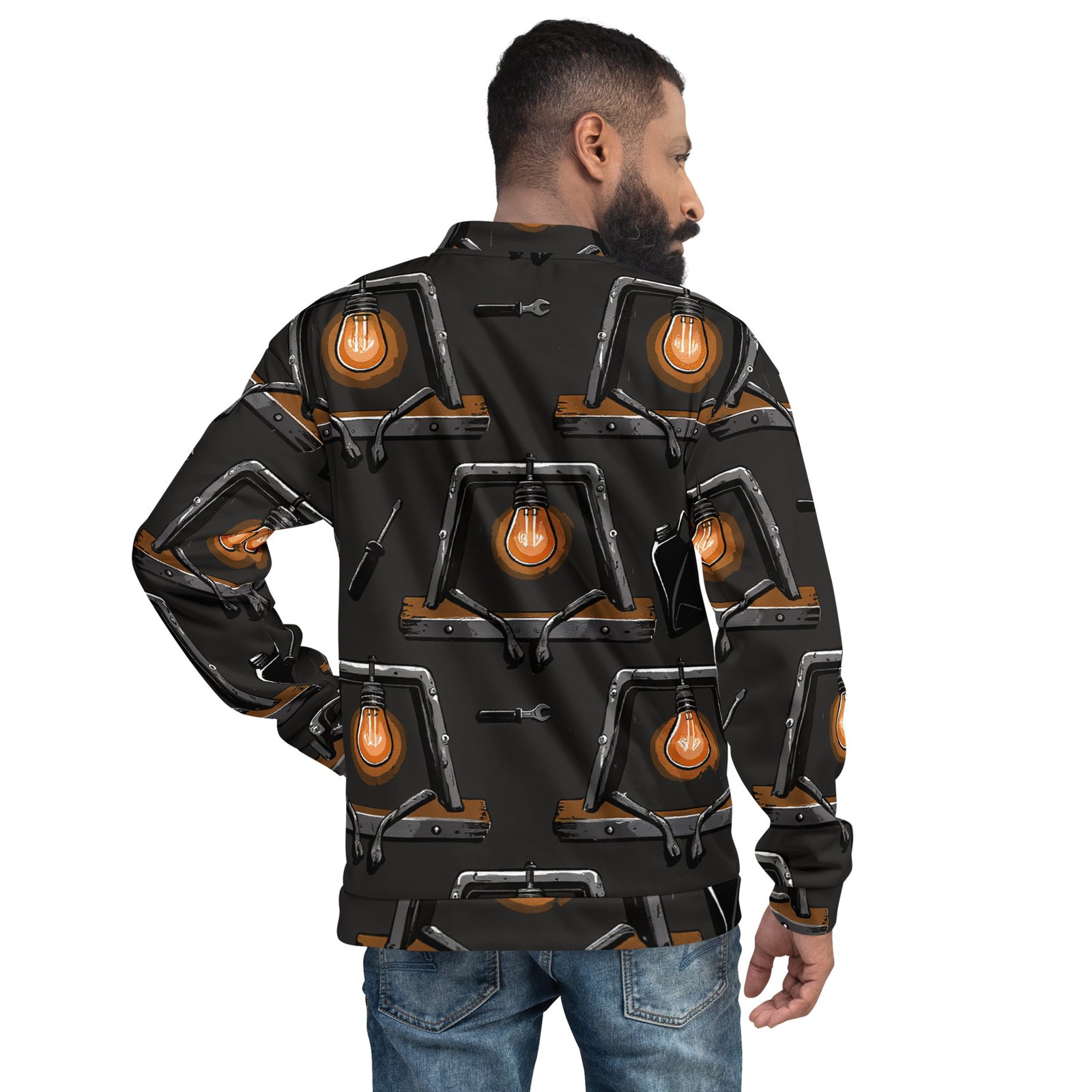 Męska bluza bomber z grafiką industrialnych lamp i narzędzi| Zarn.pl Męska bluza bomber z grafiką industrialnych lamp i narzędzi - obrazek 6