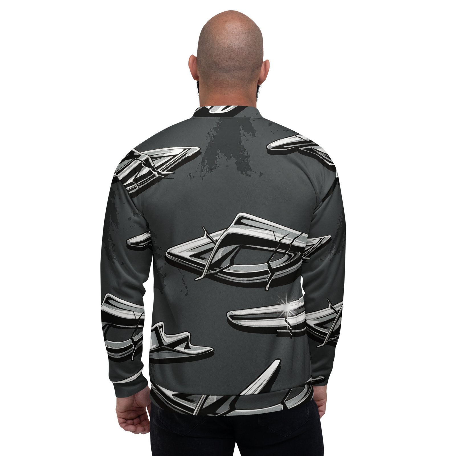 Męska bluza bomber z grafiką srebrnych chromowanych emblematów| Zarn.pl Męska bluza bomber z grafiką srebrnych chromowanych emblematów - obrazek 7