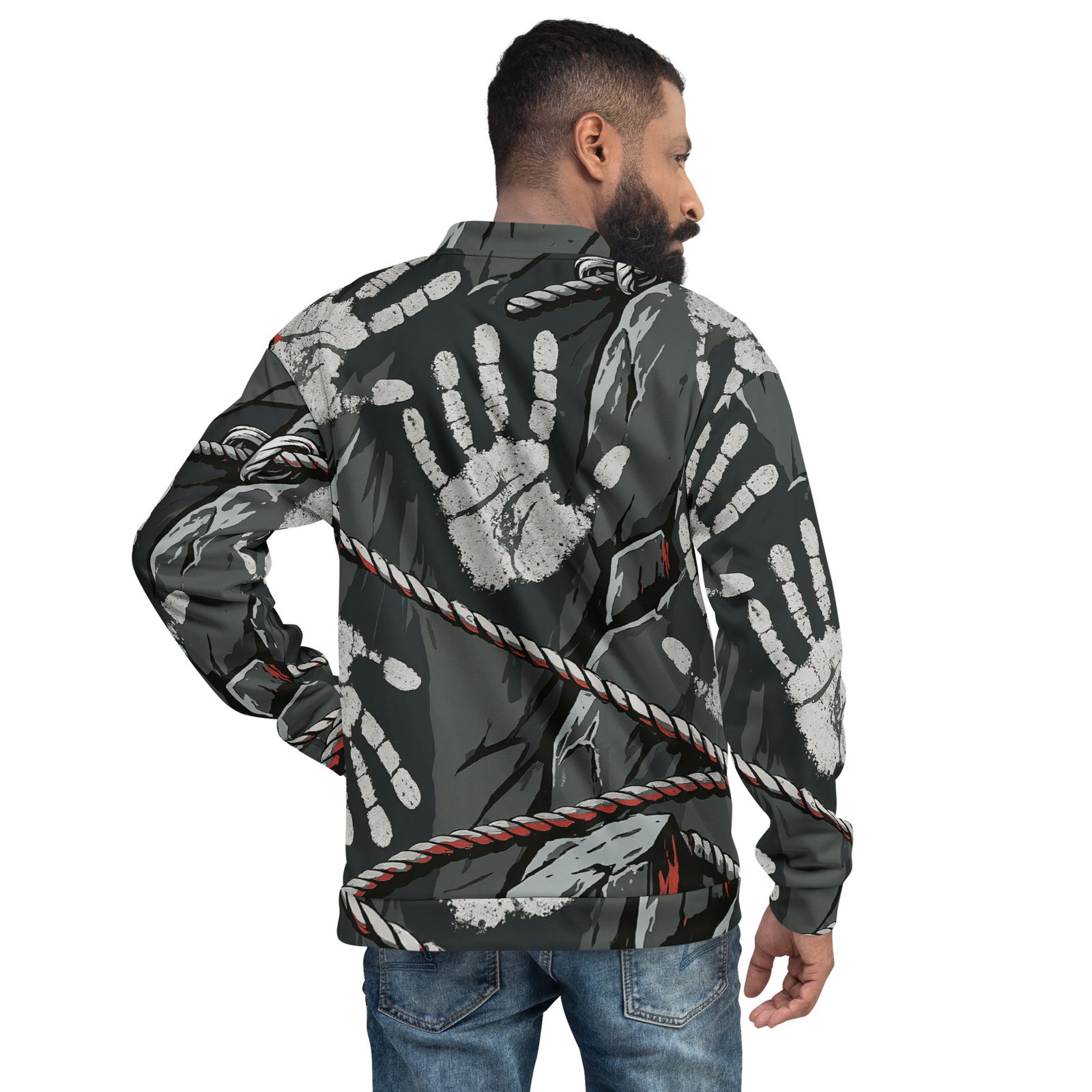 Męska bluza bomber z grafiką odcisków dłoni na skalnym tle| Zarn.pl Męska bluza bomber z grafiką odcisków dłoni na skalnym tle - obrazek 6
