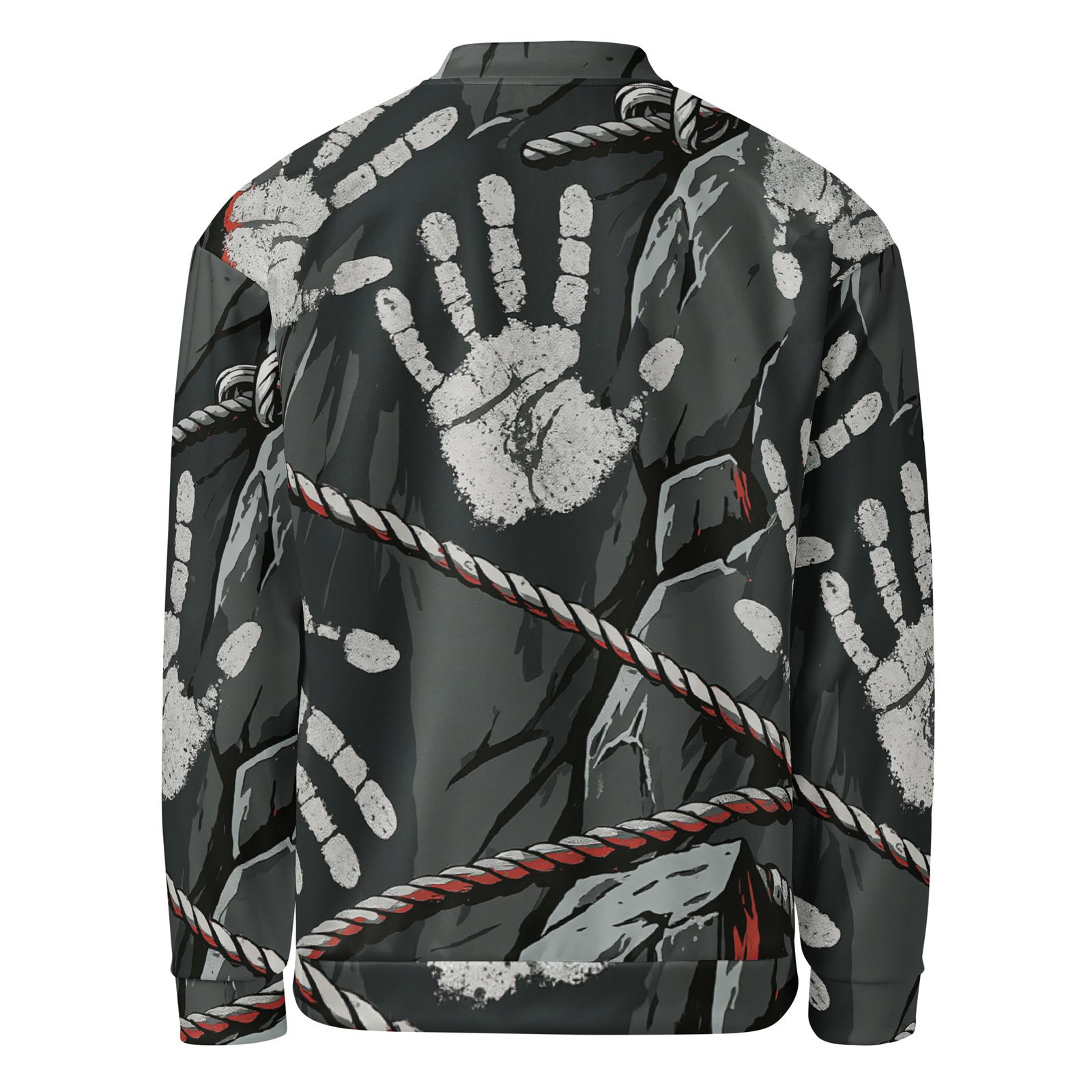 Męska bluza bomber z grafiką odcisków dłoni na skalnym tle| Zarn.pl Męska bluza bomber z grafiką odcisków dłoni na skalnym tle - obrazek 3