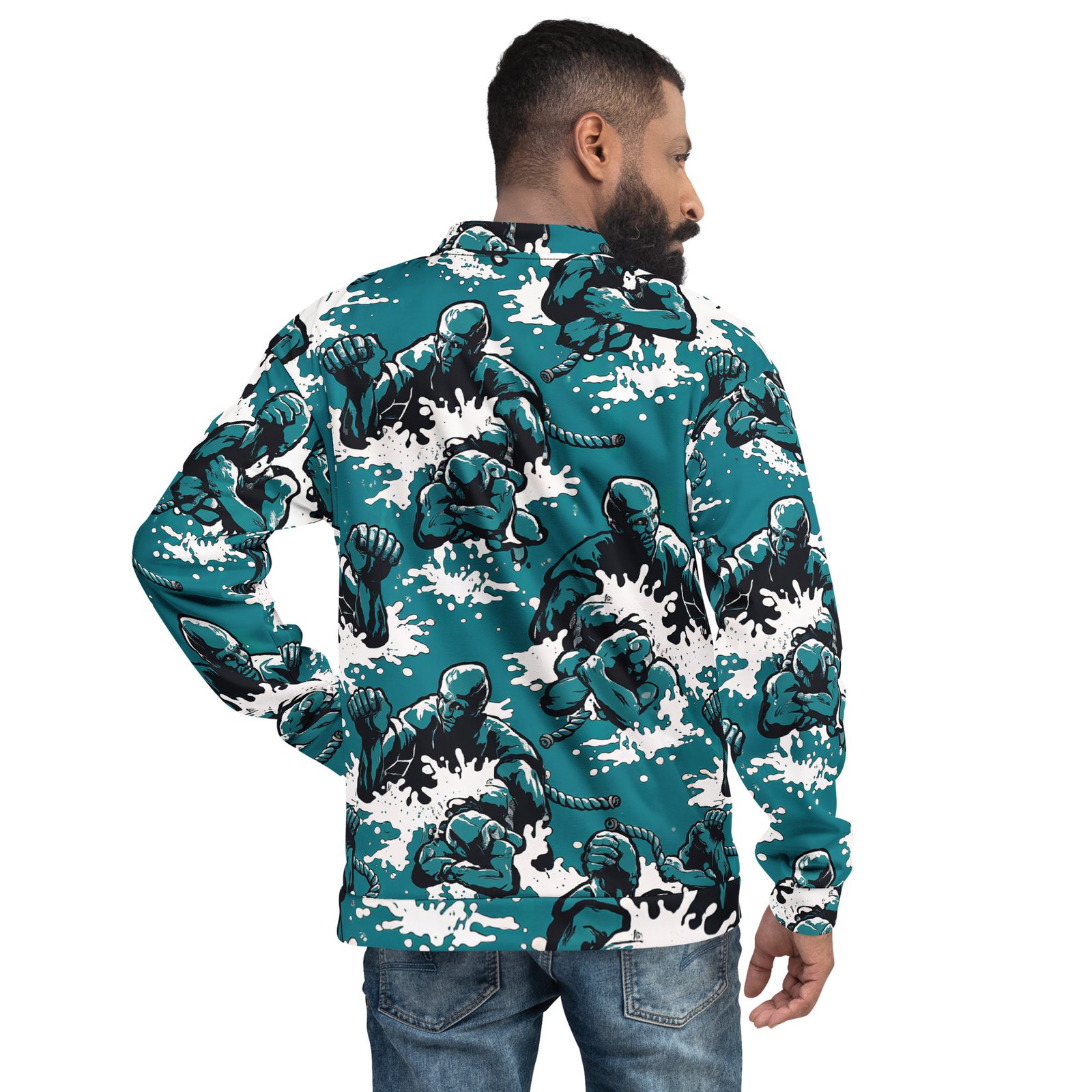 Męska bluza bomber z grafiką postaci walczących z potworami| Zarn.pl Męska bluza bomber z grafiką postaci walczących z potworami - obrazek 6