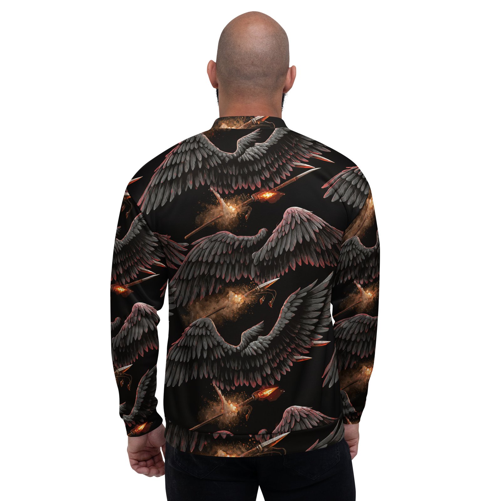 Męska bluza bomber z grafiką czarnych skrzydeł i płonących włóczni| Zarn.pl Męska bluza bomber z grafiką czarnych skrzydeł i płonących włóczni - obrazek 6
