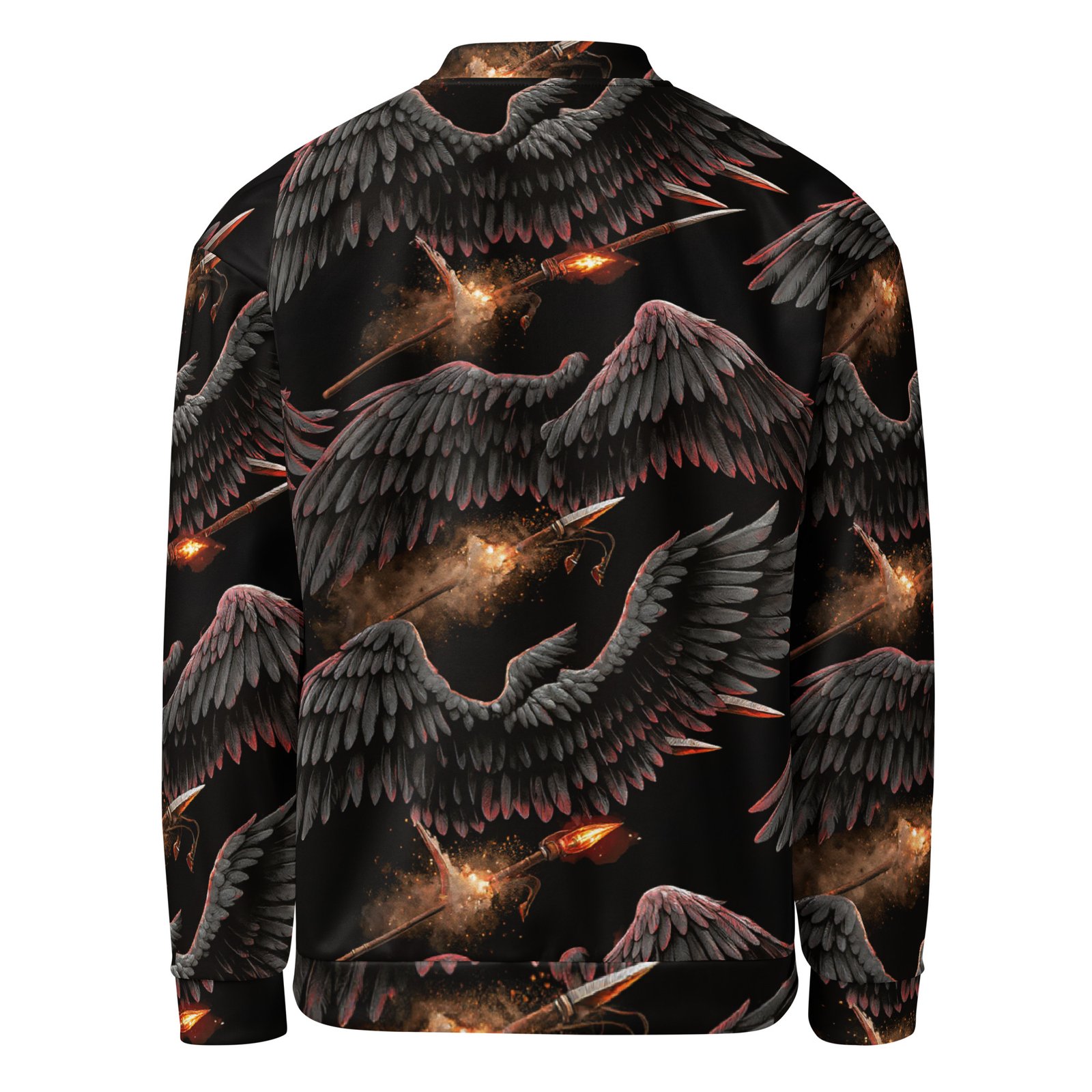 Męska bluza bomber z grafiką czarnych skrzydeł i płonących włóczni| Zarn.pl Męska bluza bomber z grafiką czarnych skrzydeł i płonących włóczni - obrazek 3