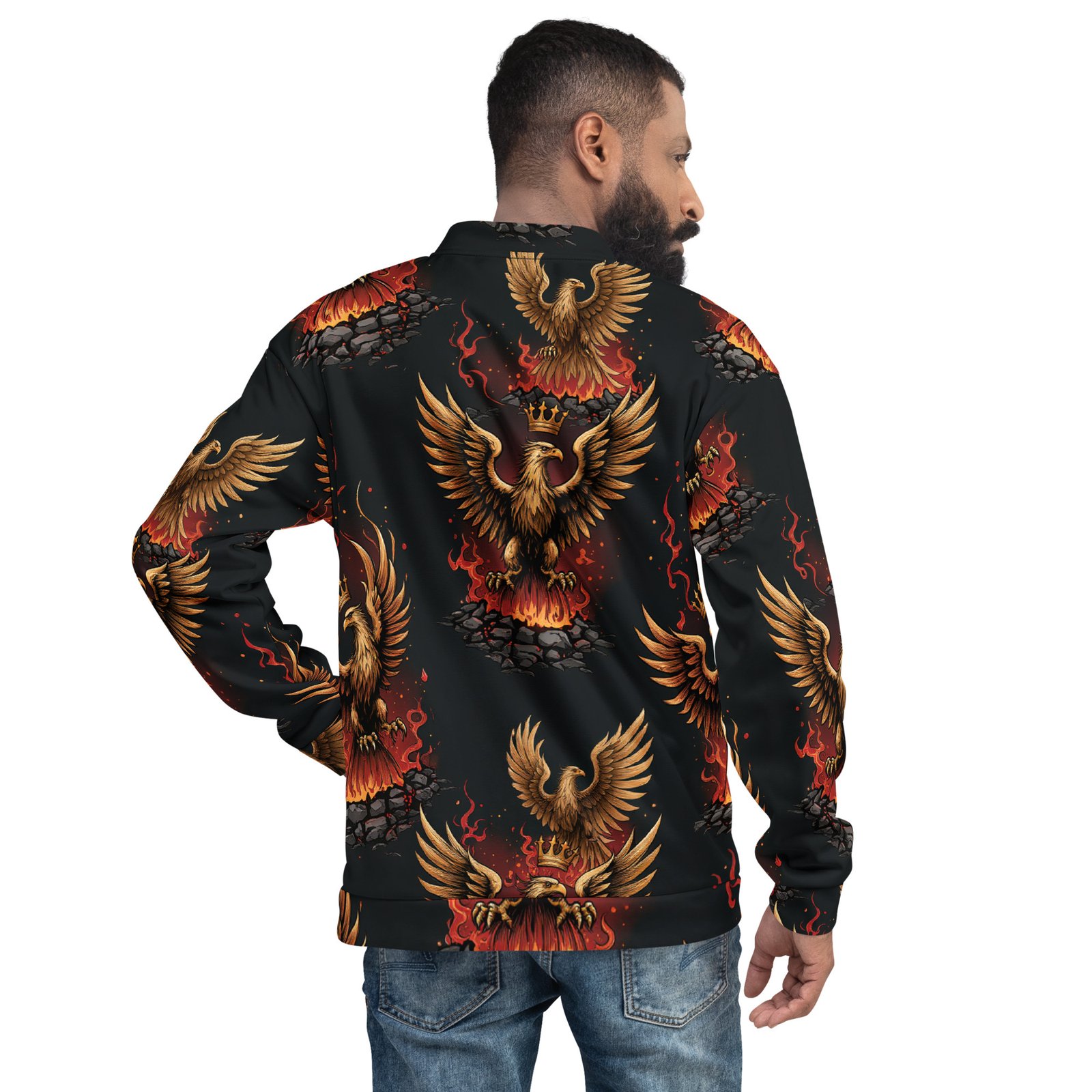 Męska bluza bomber z grafiką złotego orła i płomieni| Zarn.pl Męska bluza bomber z grafiką złotego orła i płomieni - obrazek 6