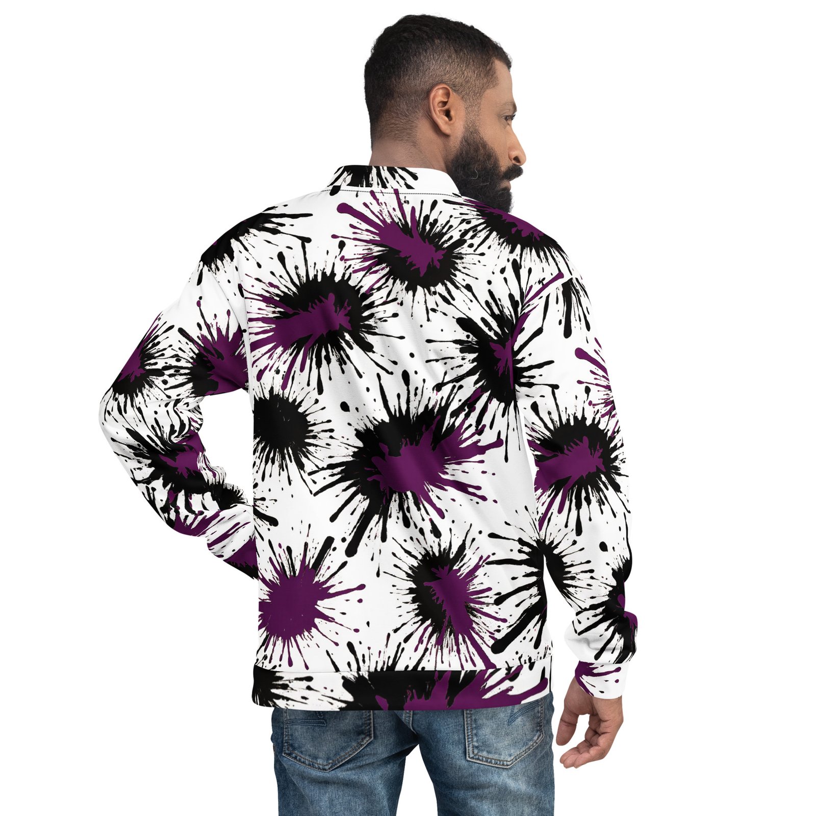 Męska bluza bomber z grafiką fioletowych i czarnych plam farby| Zarn.pl Męska bluza bomber z grafiką fioletowych i czarnych plam farby - obrazek 6