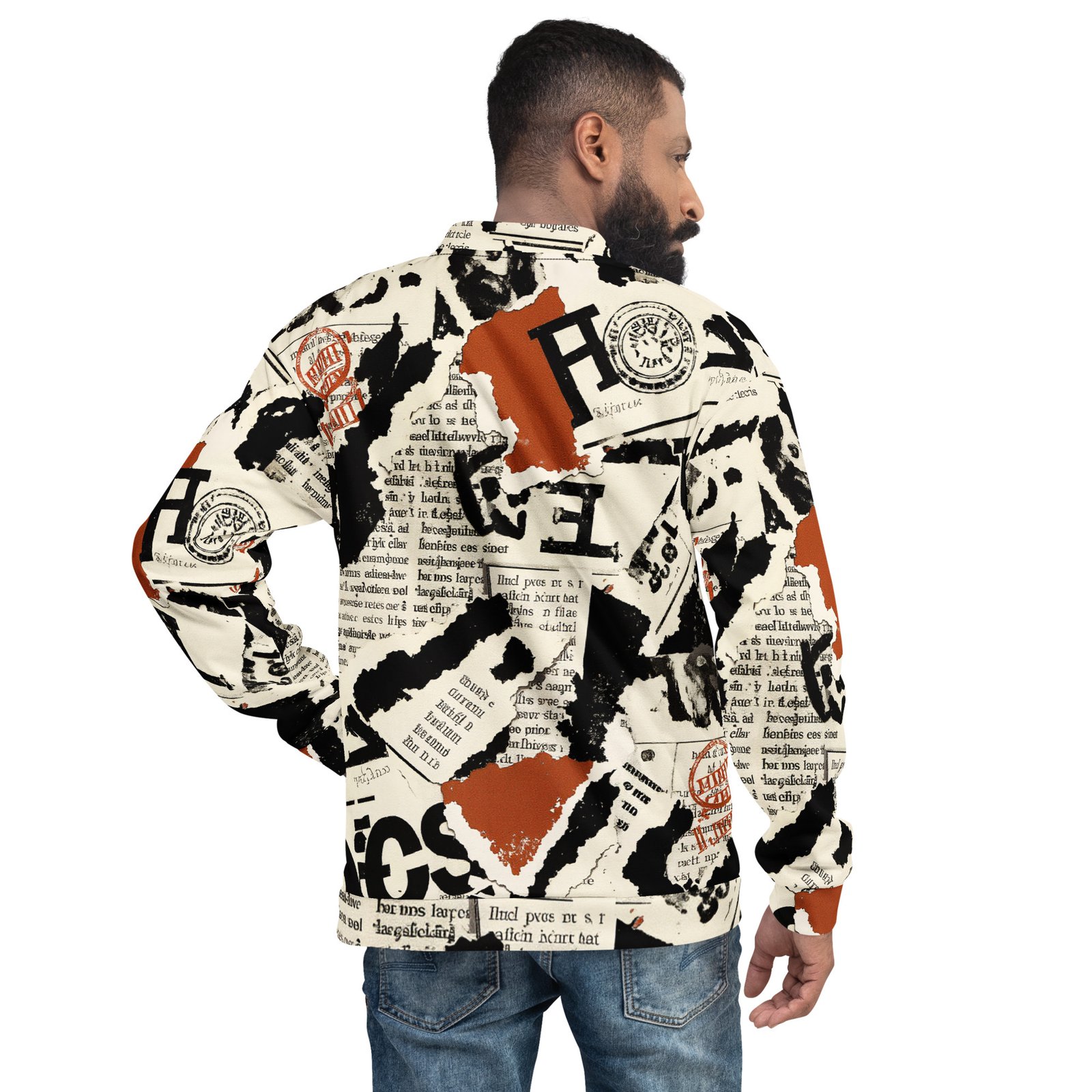 Męska bluza bomber z grafiką gazet, typografii i stempli vintage| Zarn.pl Męska bluza bomber z grafiką gazet, typografii i stempli vintage - obrazek 6