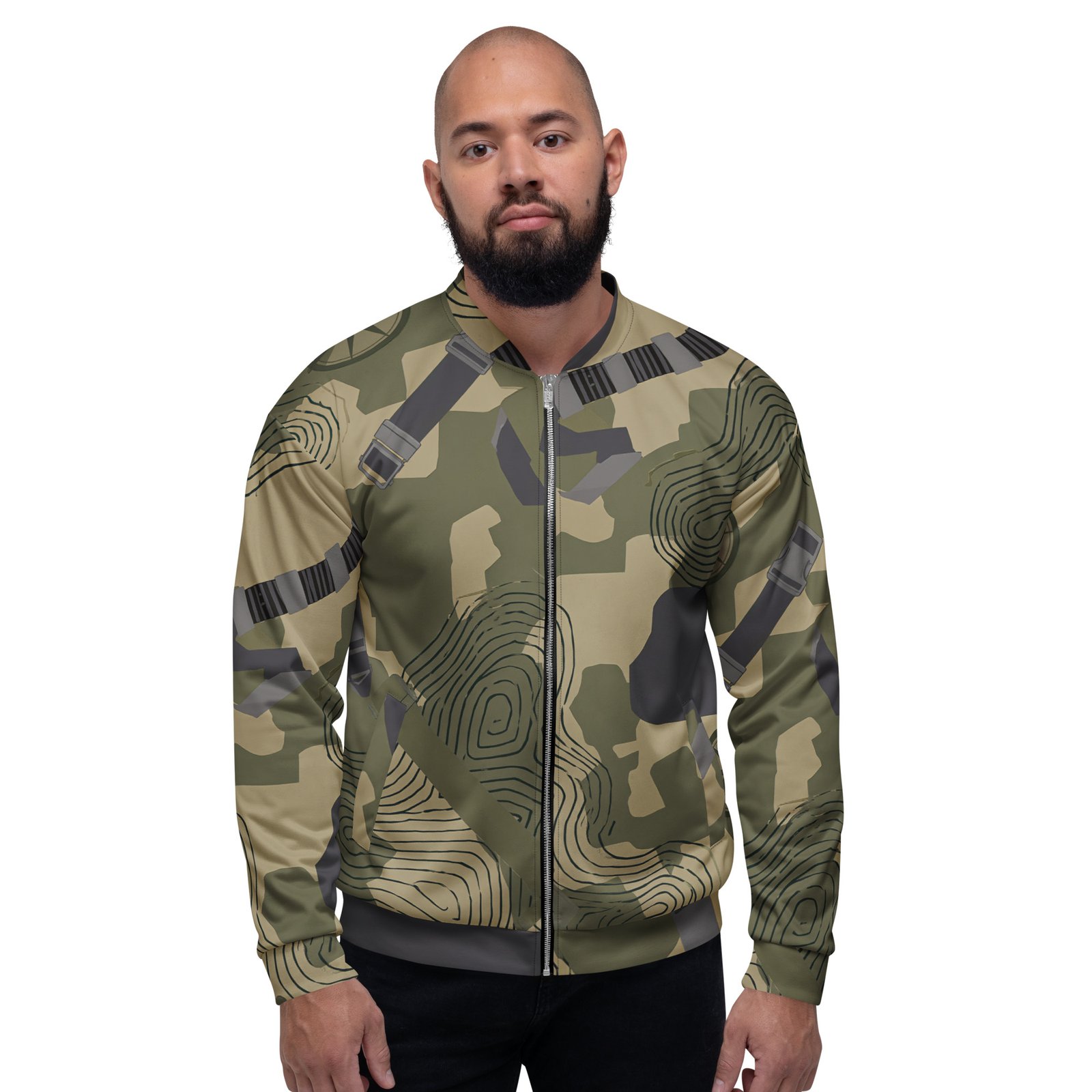 Męska bluza bomber z grafiką pasów taktycznych, kamuflażu i poziomic| Zarn.pl męska bluza bomber z grafiką pasów taktycznych, kamuflażu i poziomic