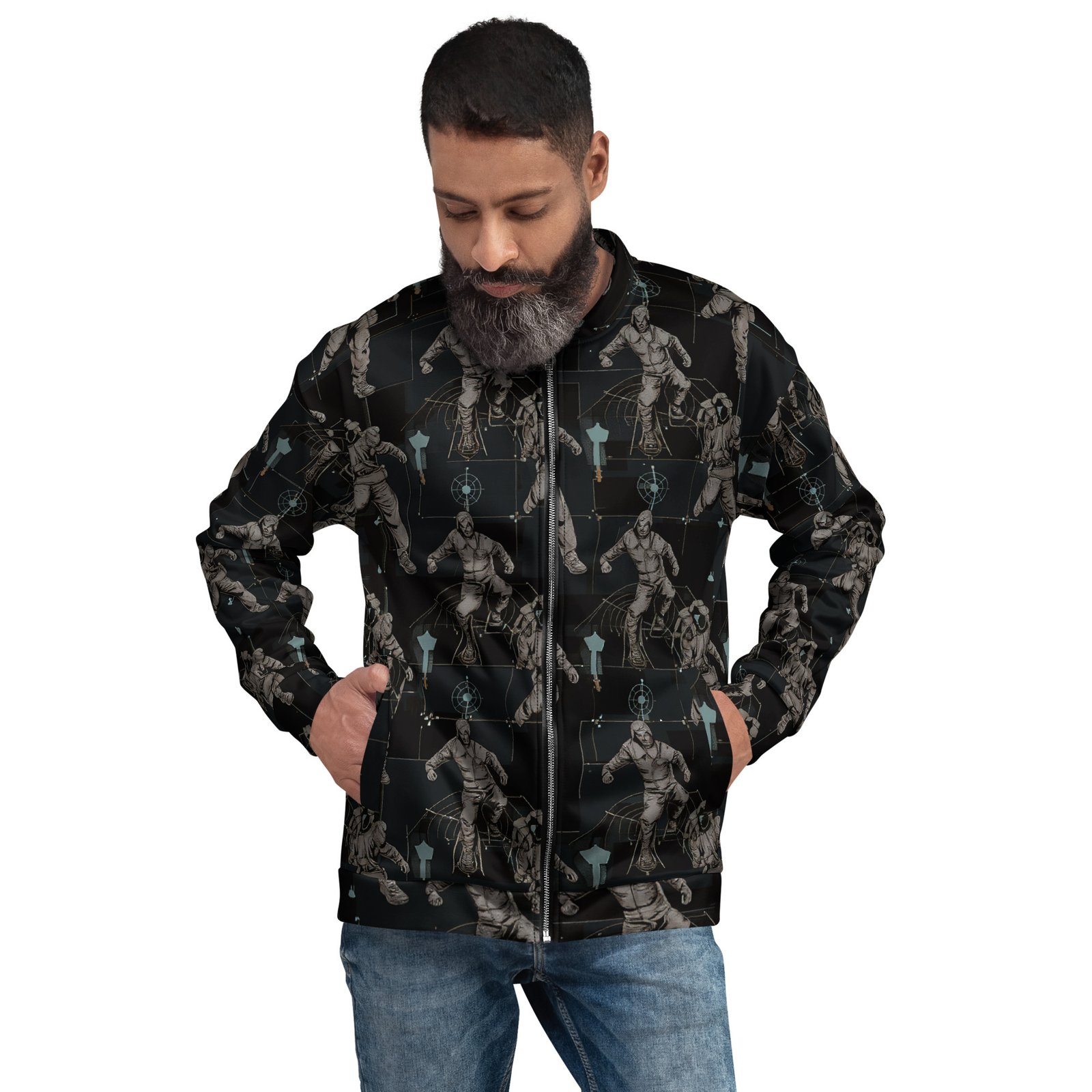 Męska bluza bomber z grafiką postaci w dynamicznych pozach| Zarn.pl męska bluza bomber z grafiką postaci w dynamicznych pozach