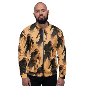 męska bluza bomber z grafiką tajemniczych postaci w pustynnym klimacie