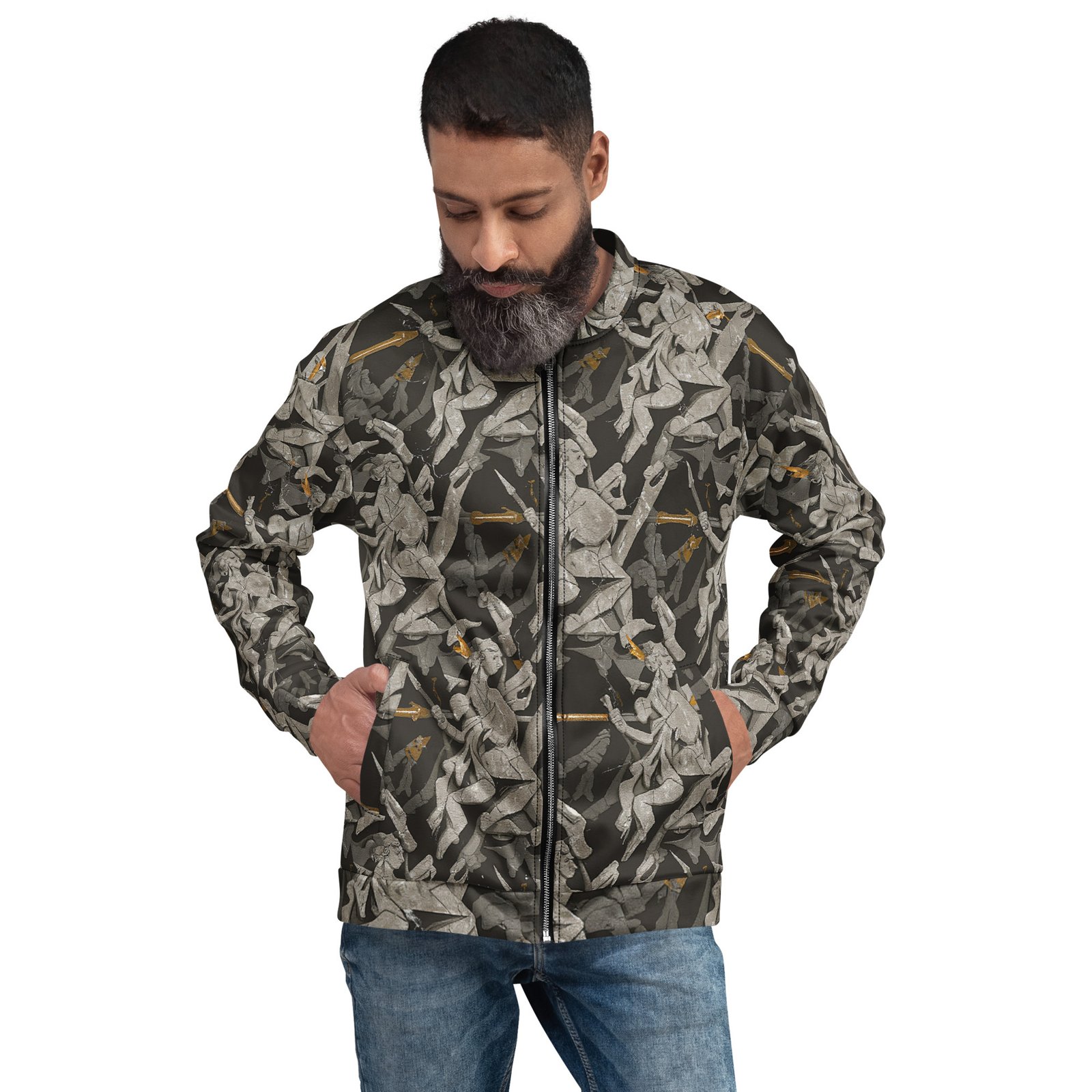 Męska bluza bomber z grafiką antycznych wojowników i włóczni| Zarn.pl męska bluza bomber z grafiką antycznych wojowników i włóczni