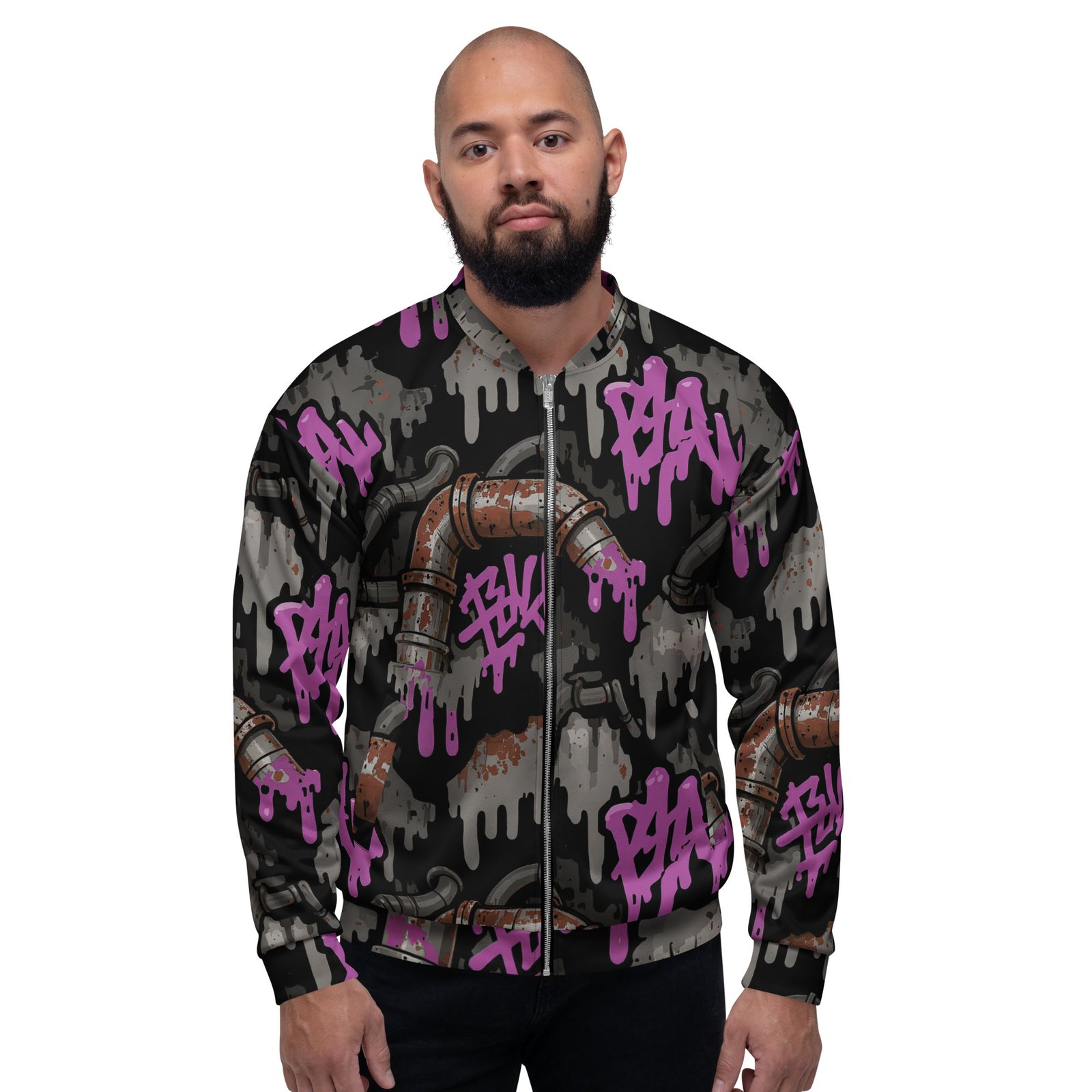 Męska bluza bomber z grafiką graffiti i industrialnych rur| Zarn.pl męska bluza bomber z grafiką graffiti i industrialnych rur