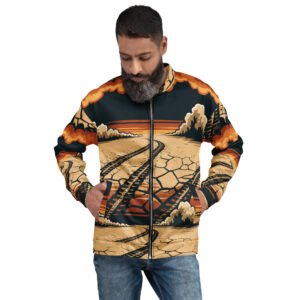 męska bluza bomber z grafiką pustynnego krajobrazu i śladów opon
