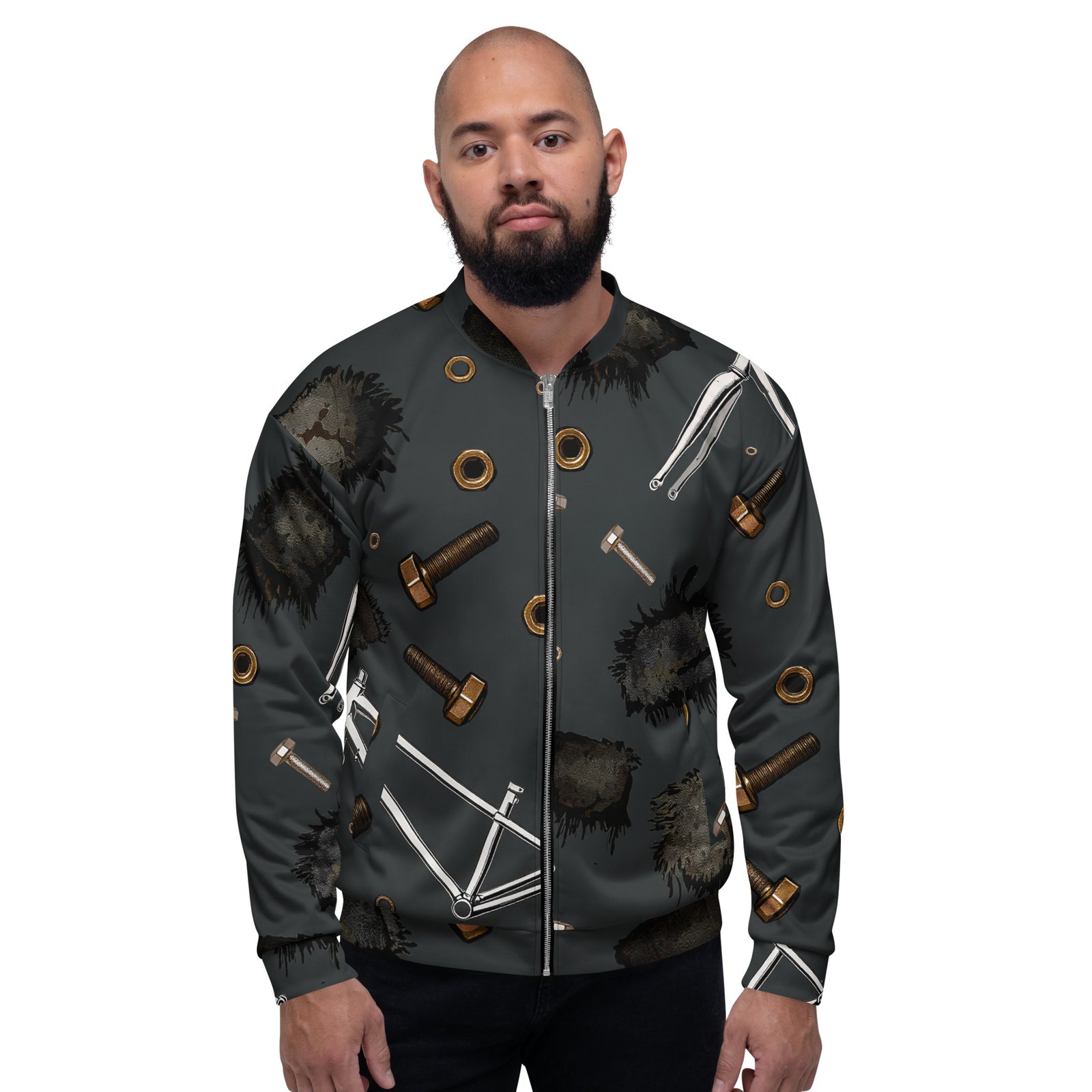 Męska bluza bomber z grafiką części rowerowych i śrub| Zarn.pl Męska bluza bomber z grafiką części rowerowych i śrub - obrazek 6