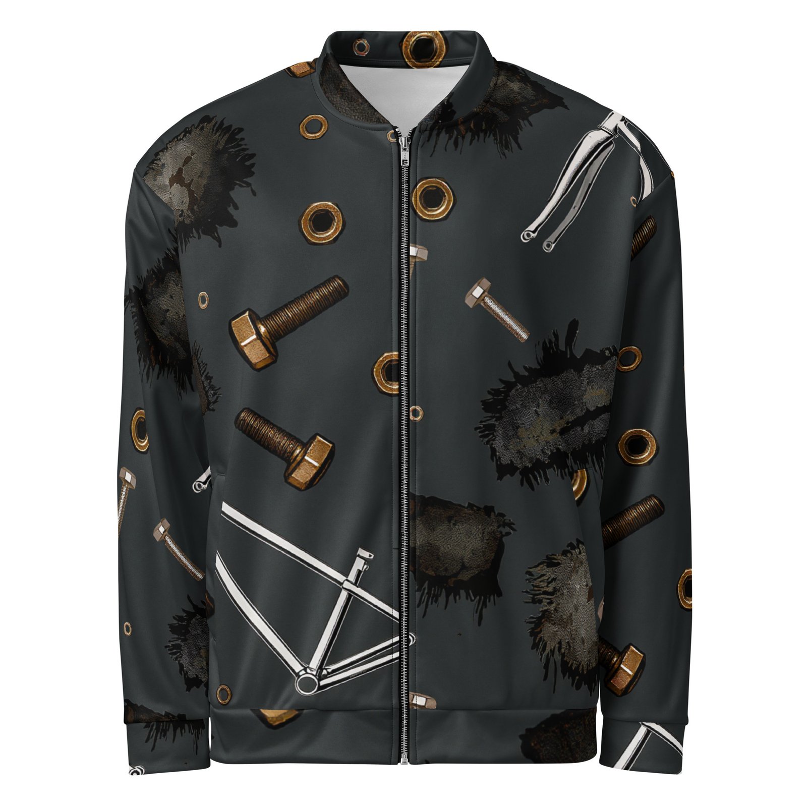 Męska bluza bomber z grafiką części rowerowych i śrub| Zarn.pl Męska bluza bomber z grafiką części rowerowych i śrub - obrazek 2