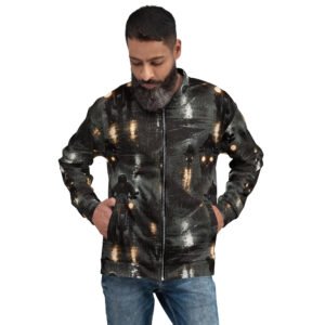 męska bluza bomber z grafiką motocyklisty jadącego w deszczu