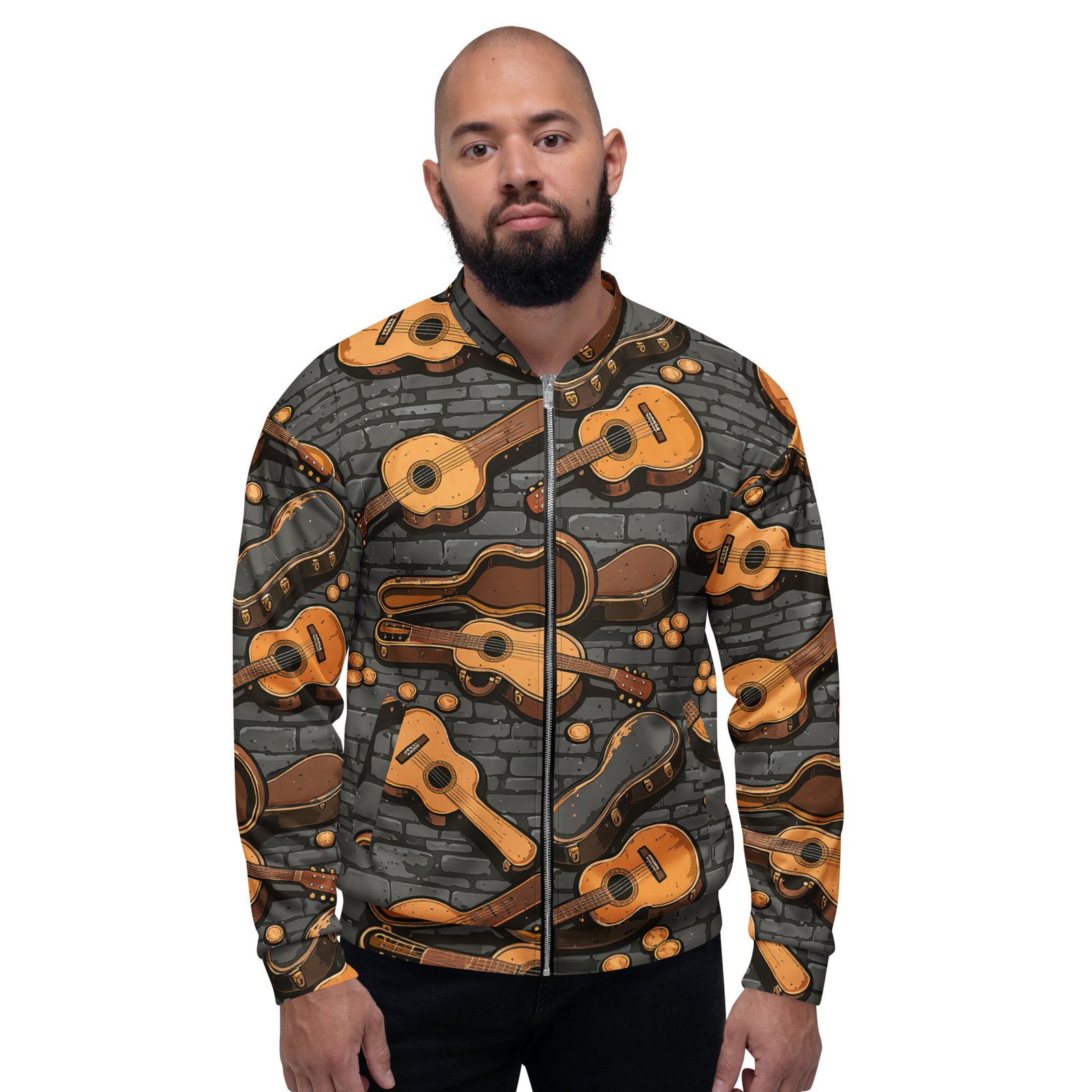 Męska bluza bomber z grafiką gitar akustycznych i futerałów| Zarn.pl męska bluza bomber z grafiką gitar akustycznych i futerałów