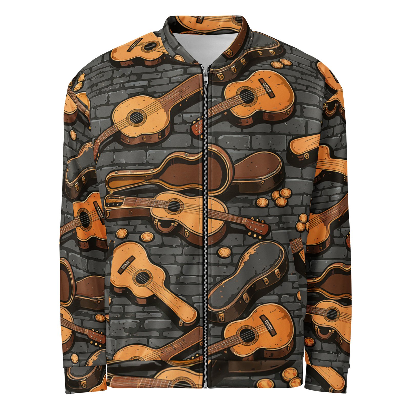 Męska bluza bomber z grafiką gitar akustycznych i futerałów| Zarn.pl Męska bluza bomber z grafiką gitar akustycznych i futerałów - obrazek 2