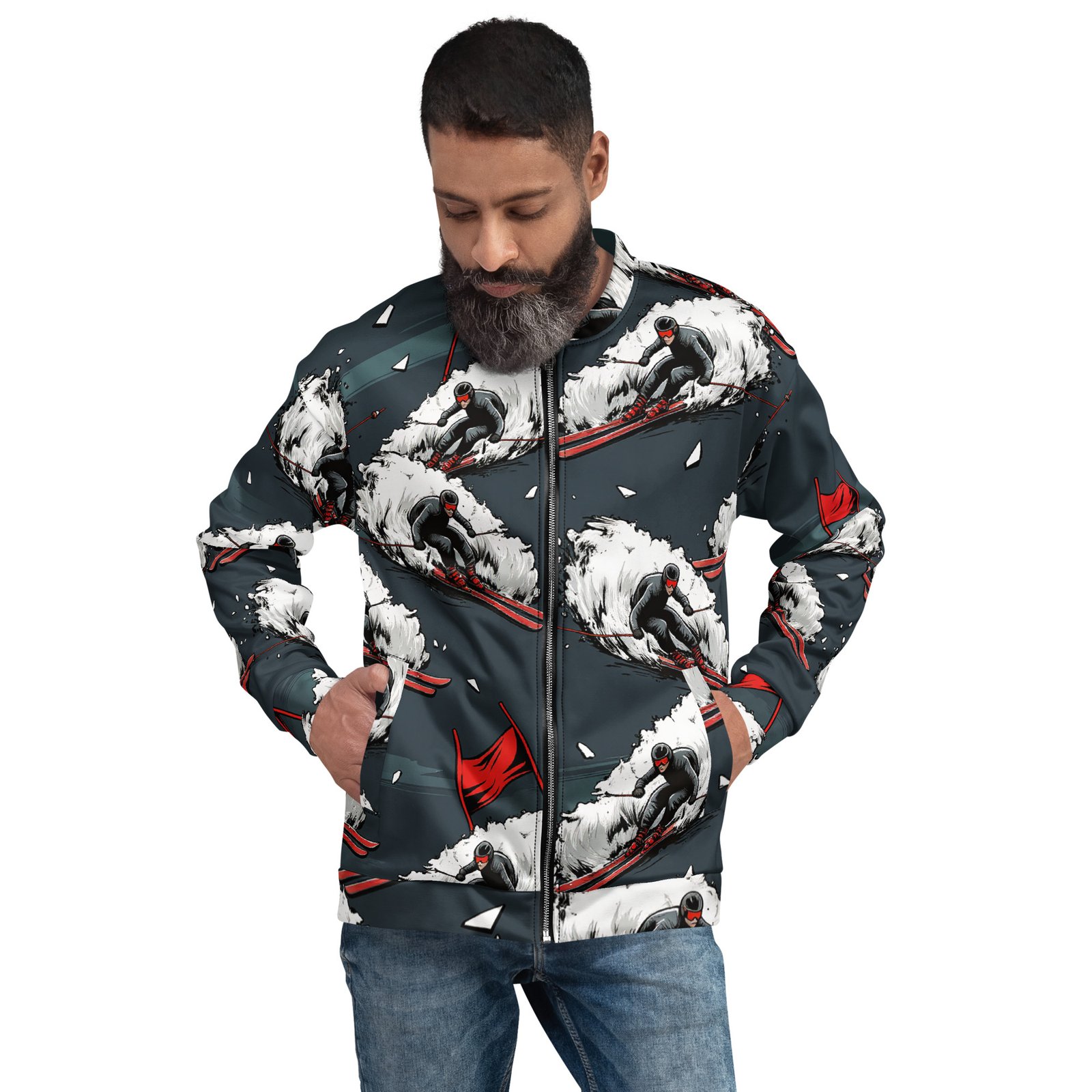 Męska bluza bomber z grafiką narciarza slalomowego| Zarn.pl męska bluza bomber z grafiką narciarza slalomowego