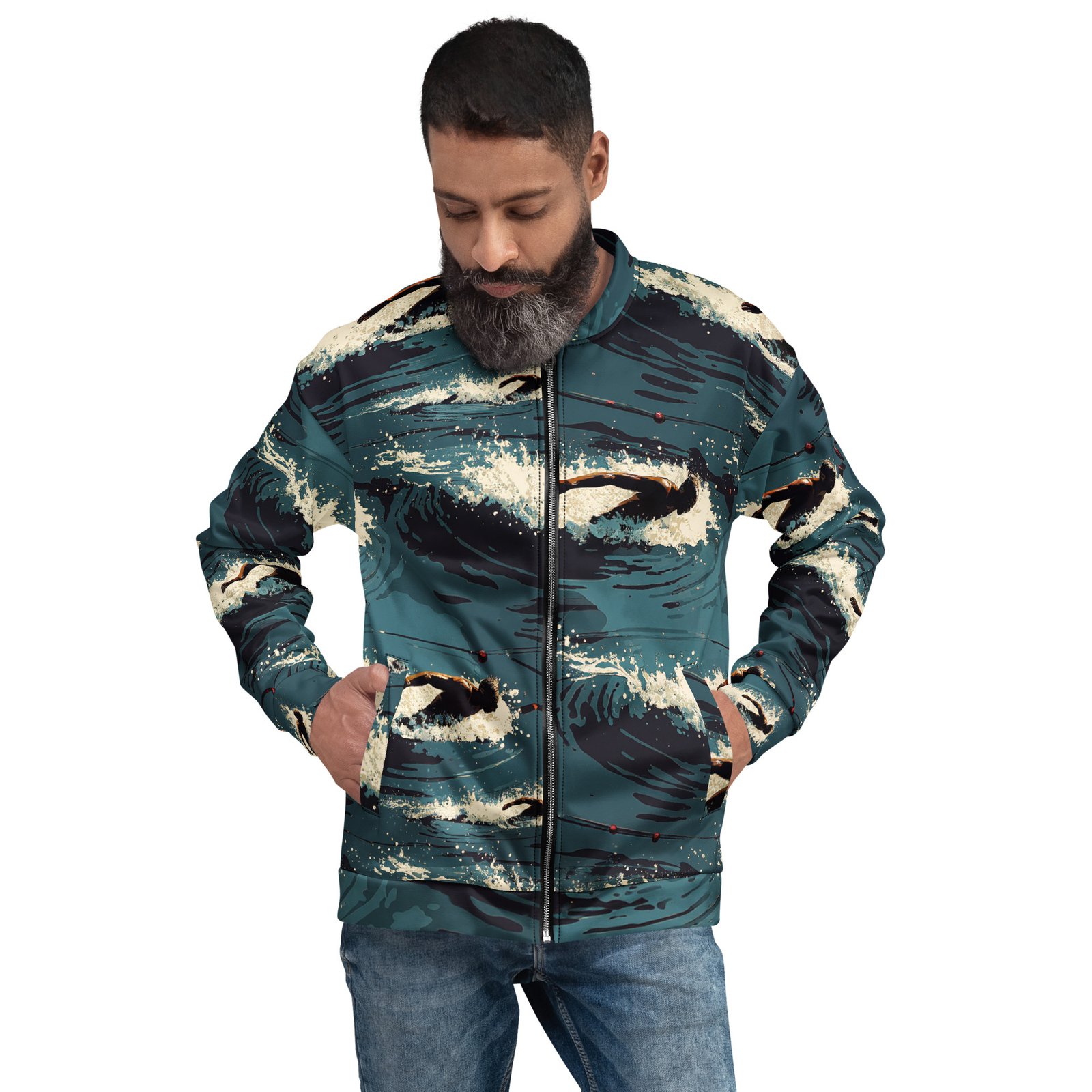 Męska bluza bomber z grafiką pływaka na otwartej wodzie| Zarn.pl męska bluza bomber z grafiką pływaka na otwartej wodzie