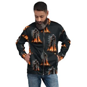 męska bluza bomber z grafiką mrocznego wojownika z mieczem w płomieniach