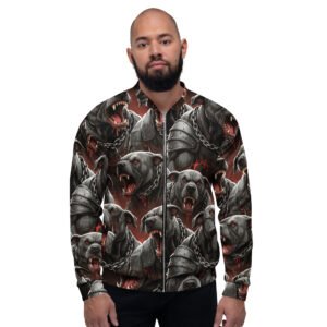 męska bluza bomber z grafiką agresywnych psów bojowych w zbroi