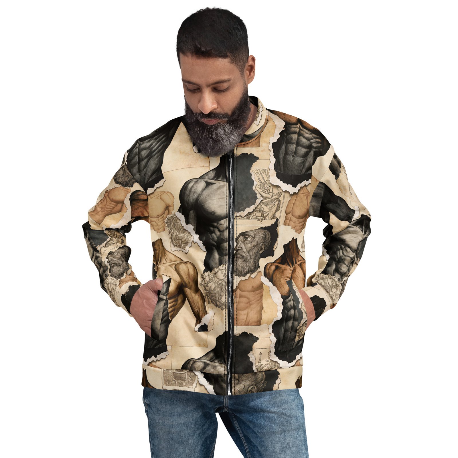 Męska bluza bomber z grafiką szkiców anatomii i renesansowych rycin| Zarn.pl męska bluza bomber z grafiką szkiców anatomii i renesansowych rycin