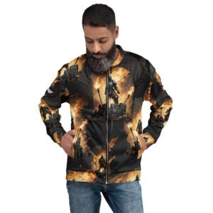 męska bluza bomber z grafiką rycerza na płonących murach zamku