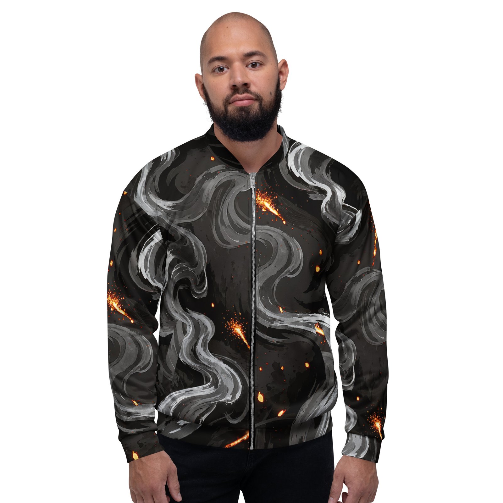 Męska bluza bomber z grafiką abstrakcyjnych smug dymu i iskier| Zarn.pl Męska bluza bomber z grafiką abstrakcyjnych smug dymu i iskier - obrazek 6