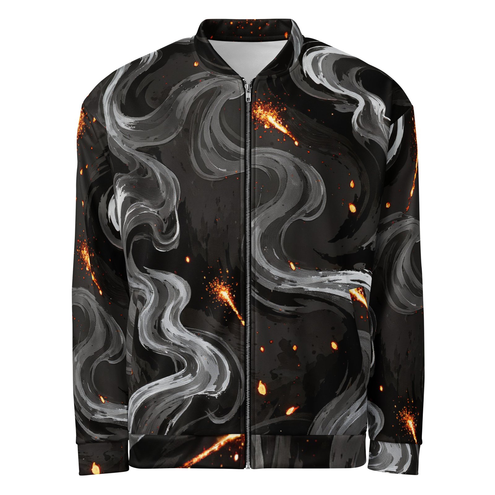 Męska bluza bomber z grafiką abstrakcyjnych smug dymu i iskier| Zarn.pl Męska bluza bomber z grafiką abstrakcyjnych smug dymu i iskier - obrazek 2
