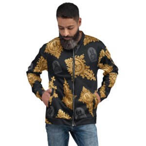 męska bluza bomber z grafiką złotych ikon i ornamentów sakralnych