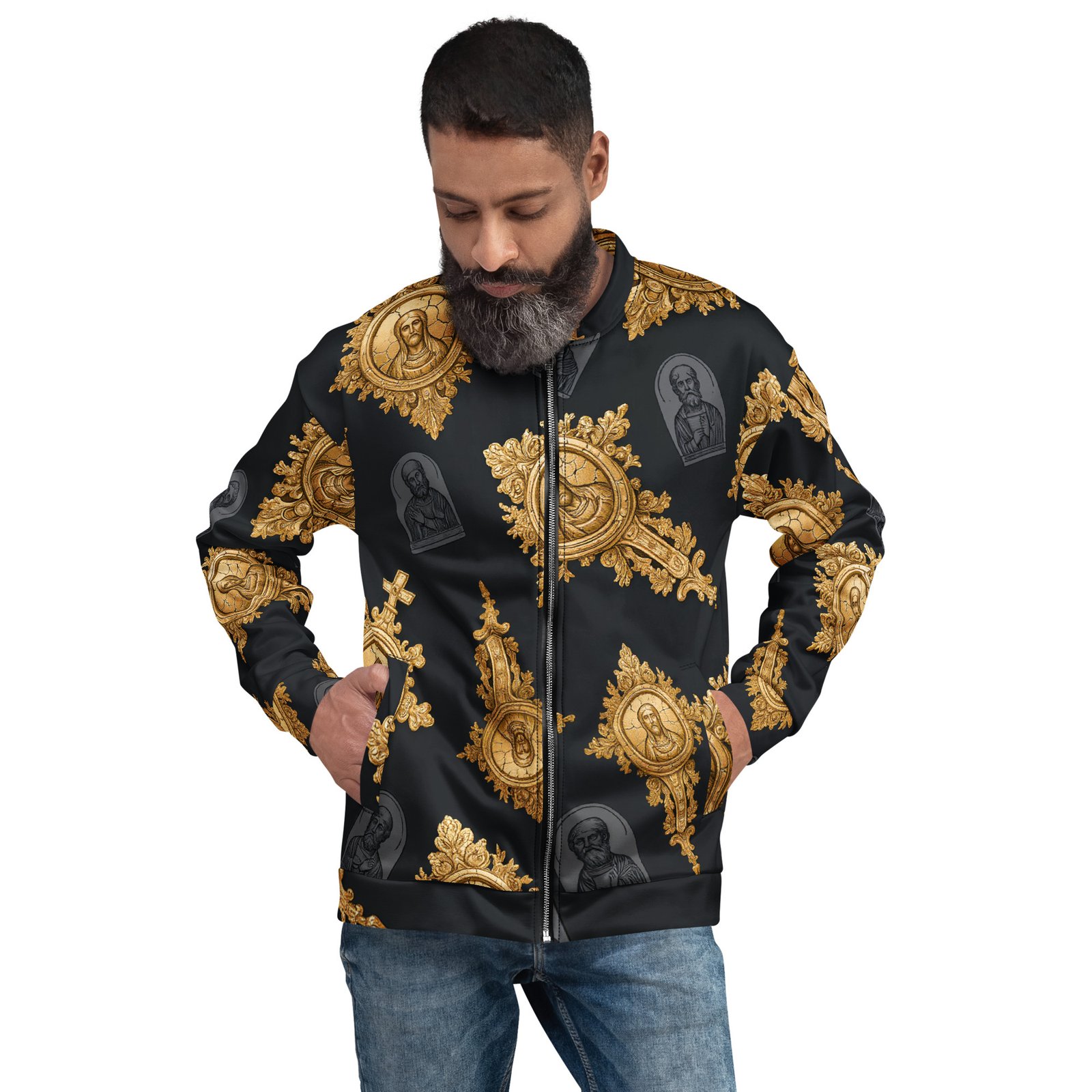 Męska bluza bomber z grafiką złotych ikon i ornamentów sakralnych| Zarn.pl męska bluza bomber z grafiką złotych ikon i ornamentów sakralnych