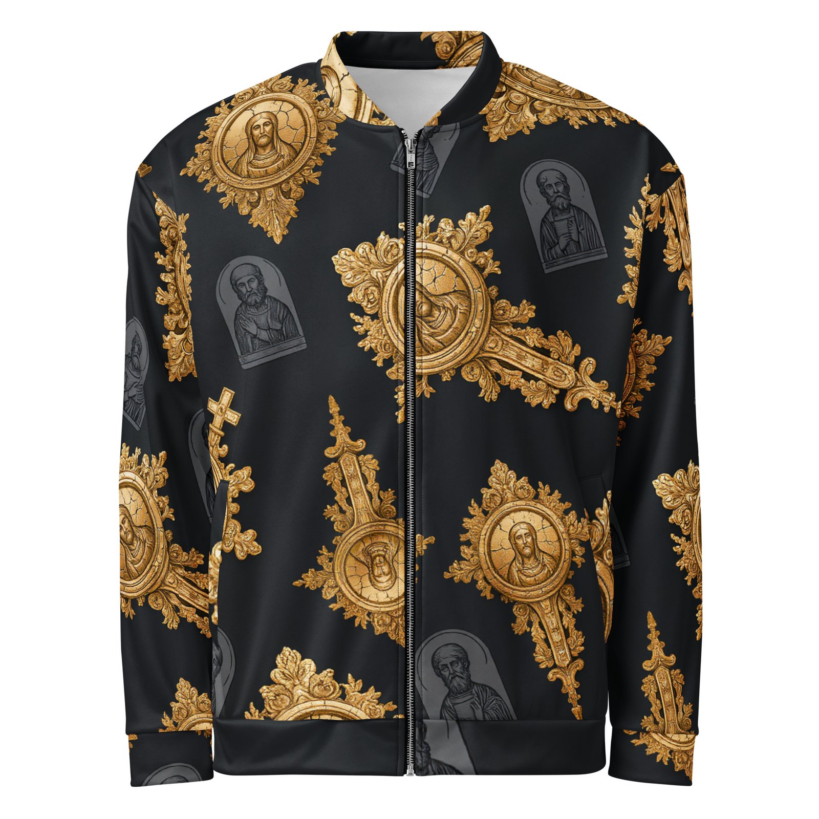 Męska bluza bomber z grafiką złotych ikon i ornamentów sakralnych| Zarn.pl Męska bluza bomber z grafiką złotych ikon i ornamentów sakralnych - obrazek 2