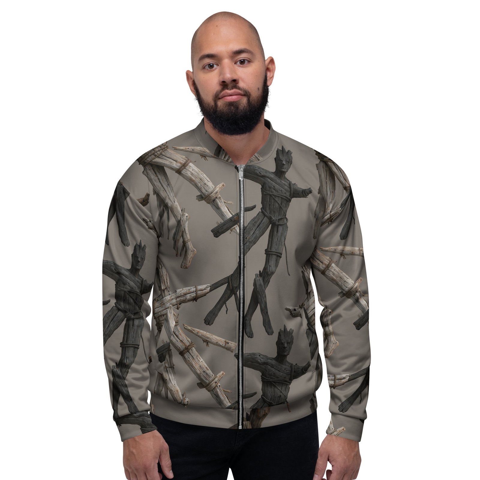 Męska bluza bomber z grafiką drewnianych kukieł i związanych gałęzi| Zarn.pl męska bluza bomber z grafiką drewnianych kukieł i związanych gałęzi