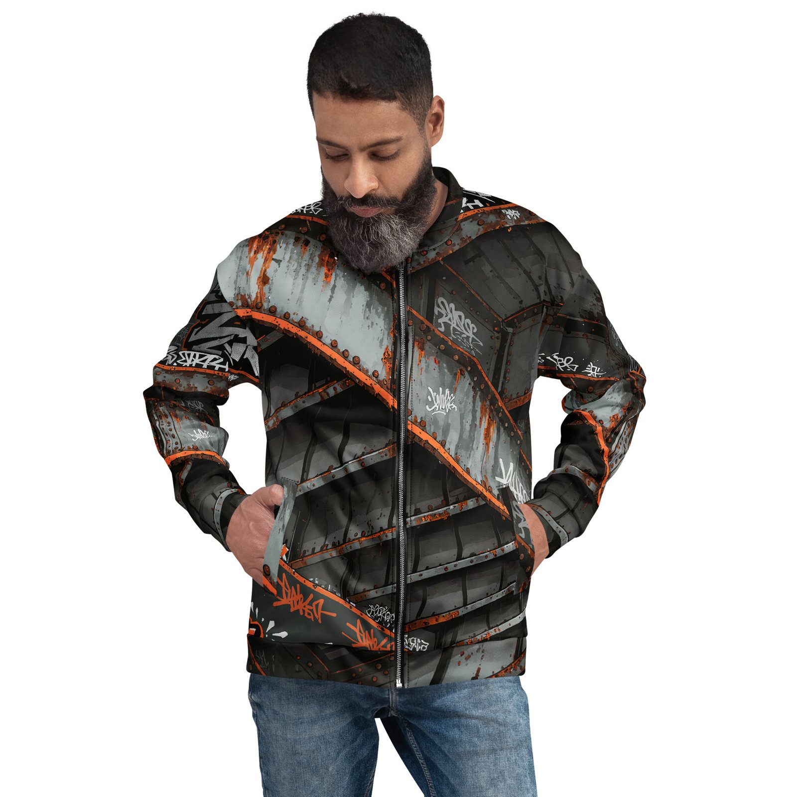 Męska bluza bomber z grafiką industrialnej konstrukcji i graffiti| Zarn.pl męska bluza bomber z grafiką industrialnej konstrukcji i graffiti