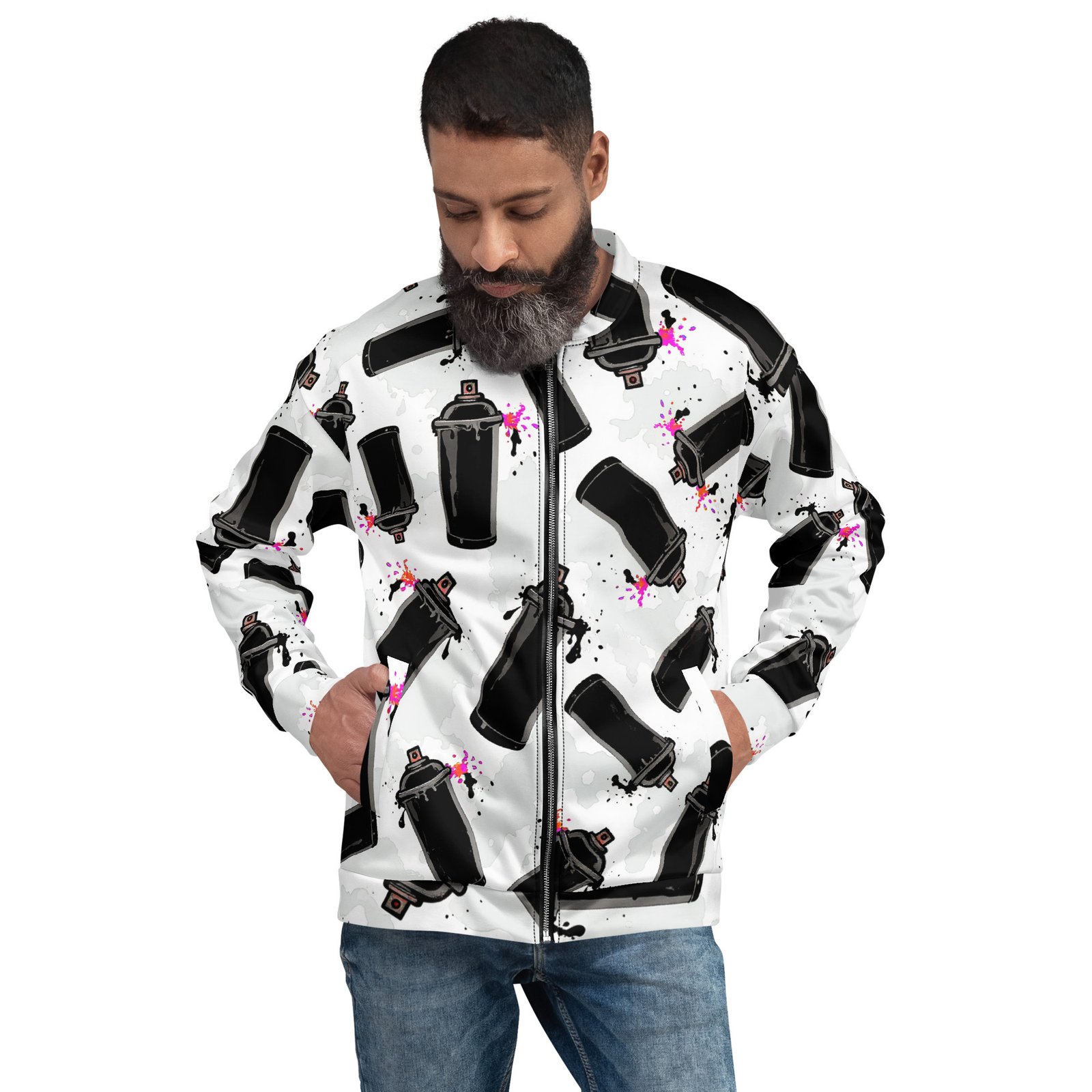 Męska bluza bomber z grafiką puszek sprayu i street artu| Zarn.pl męska bluza bomber z grafiką puszek sprayu i street artu