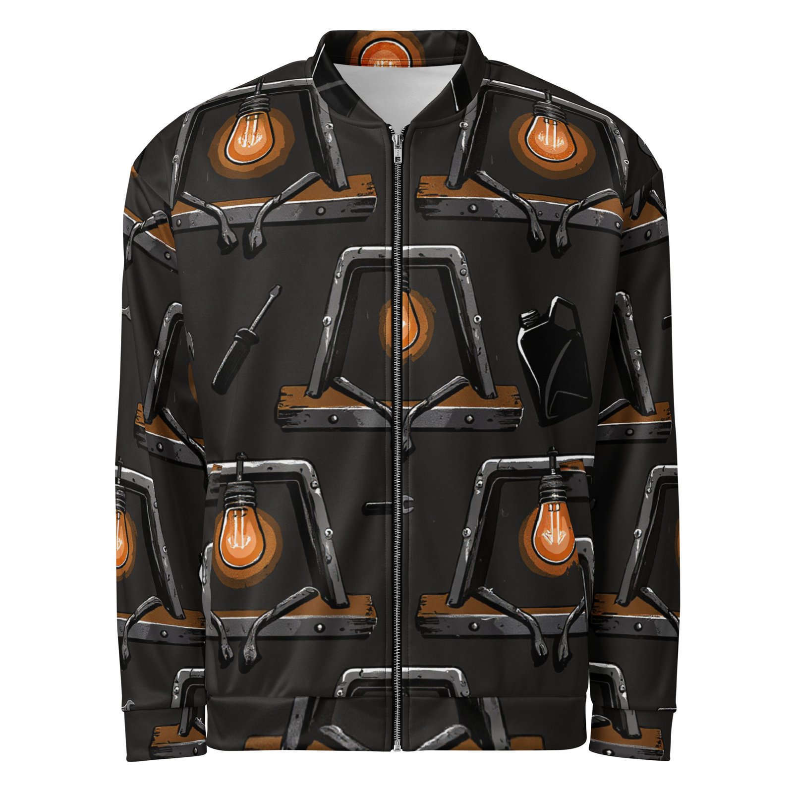 Męska bluza bomber z grafiką industrialnych lamp i narzędzi| Zarn.pl Męska bluza bomber z grafiką industrialnych lamp i narzędzi - obrazek 2