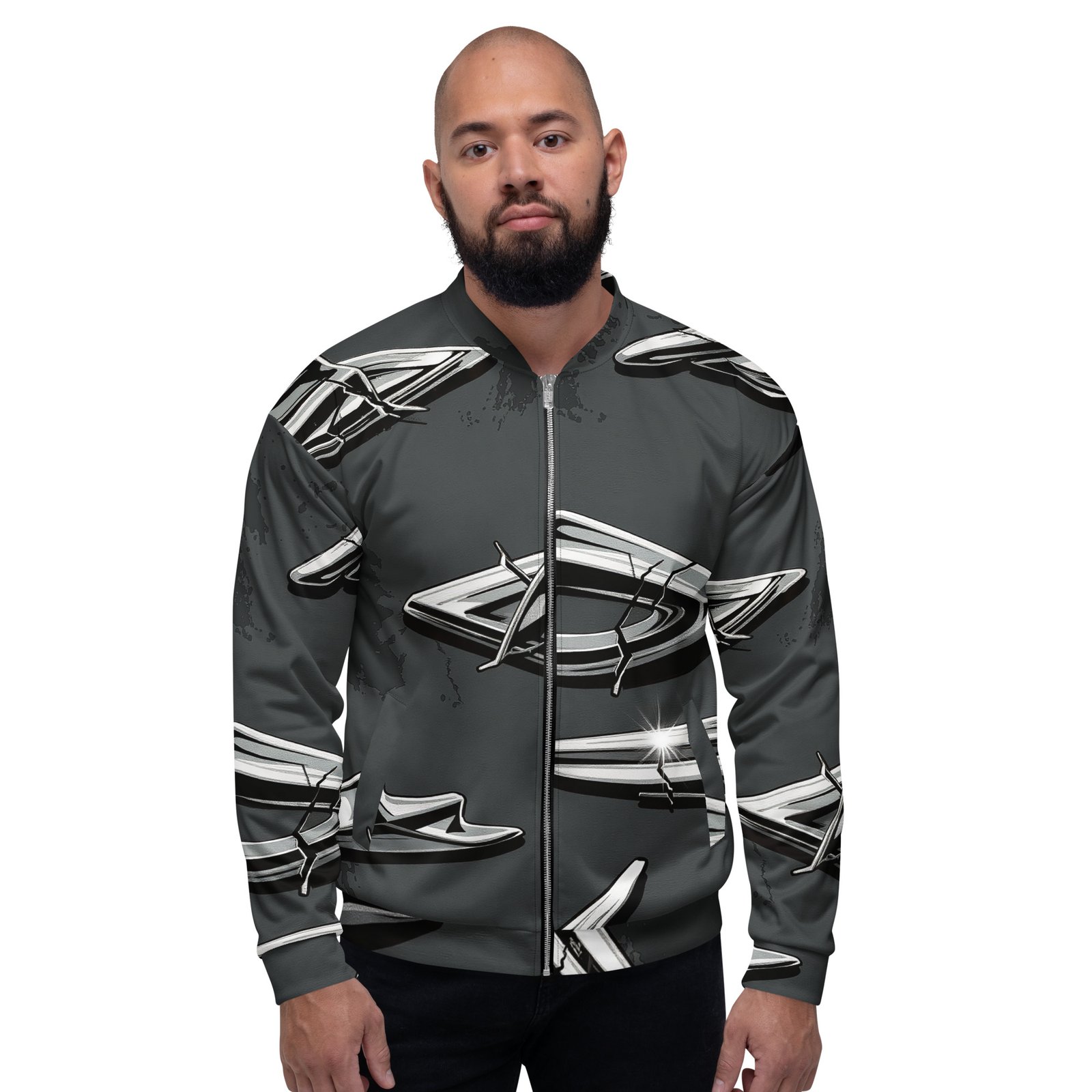 Męska bluza bomber z grafiką srebrnych chromowanych emblematów| Zarn.pl Męska bluza bomber z grafiką srebrnych chromowanych emblematów - obrazek 6