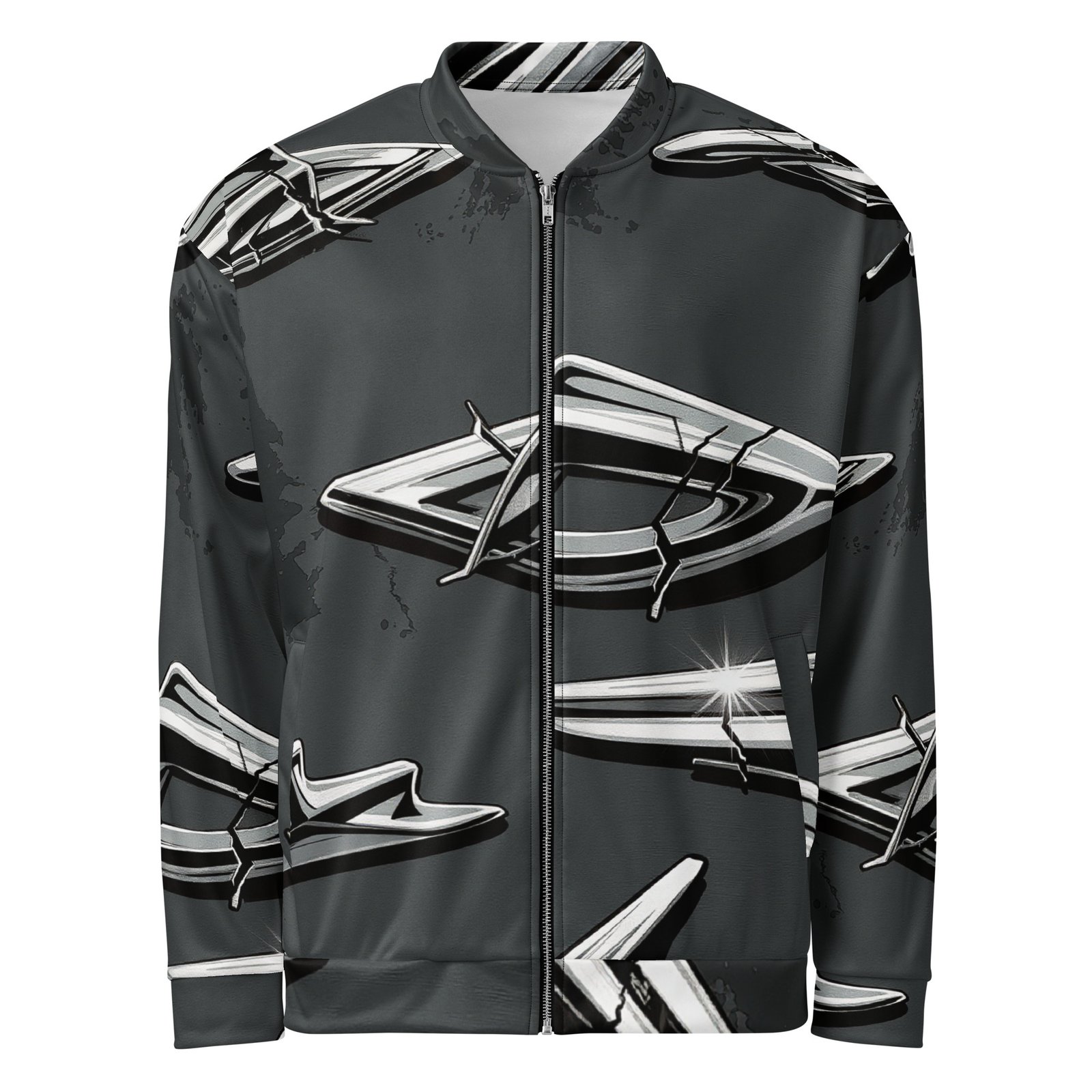 Męska bluza bomber z grafiką srebrnych chromowanych emblematów| Zarn.pl Męska bluza bomber z grafiką srebrnych chromowanych emblematów - obrazek 2