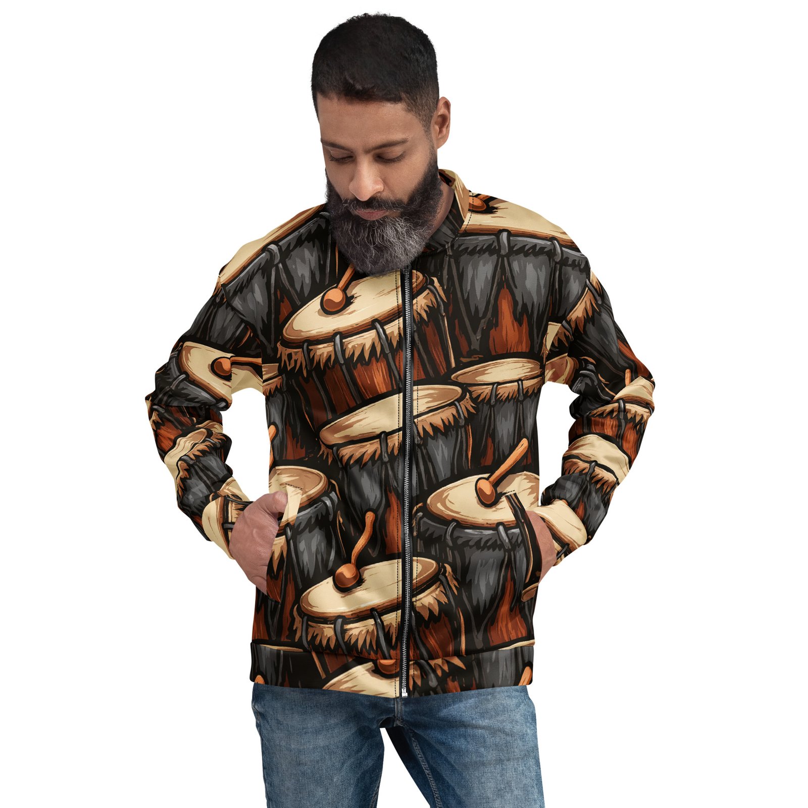 Męska bluza bomber z grafiką afrykańskich bębnów| Zarn.pl męska bluza bomber z grafiką afrykańskich bębnów