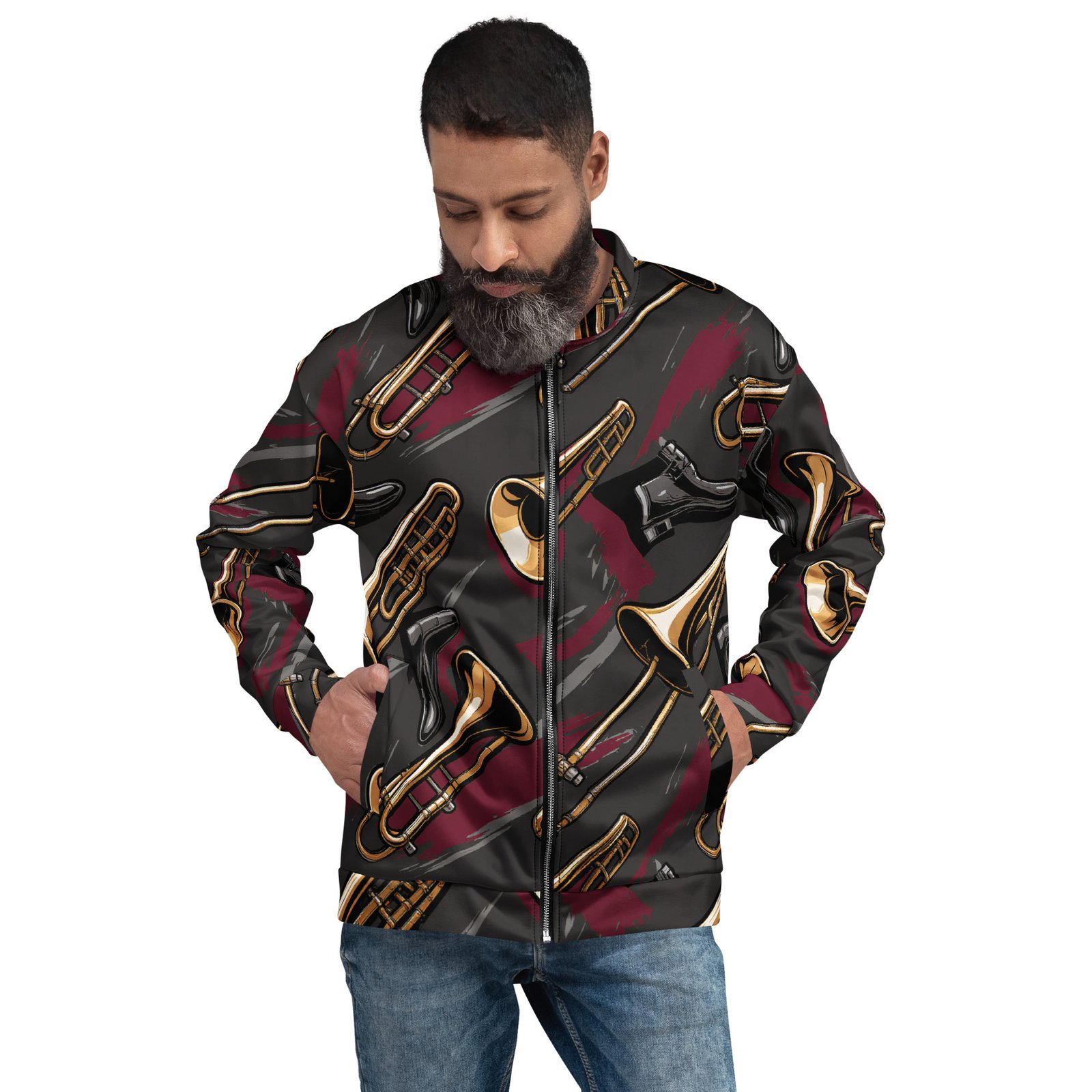 Męska bluza bomber z grafiką instrumentów dętych| Zarn.pl męska bluza bomber z grafiką instrumentów dętych