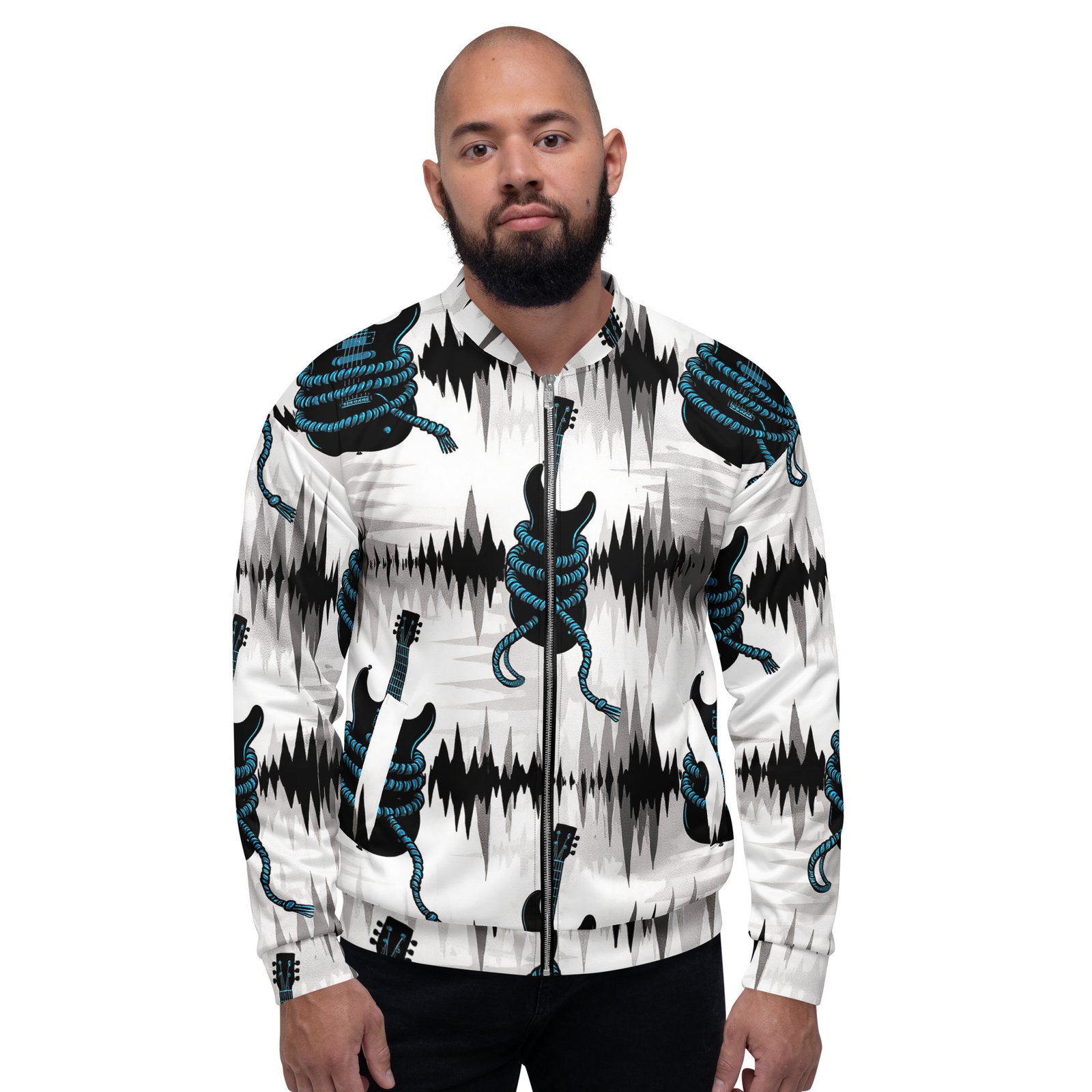 Męska bluza bomber z grafiką gitary elektrycznej i fal dźwiękowych| Zarn.pl męska bluza bomber z grafiką gitary elektrycznej i fal dźwiękowych