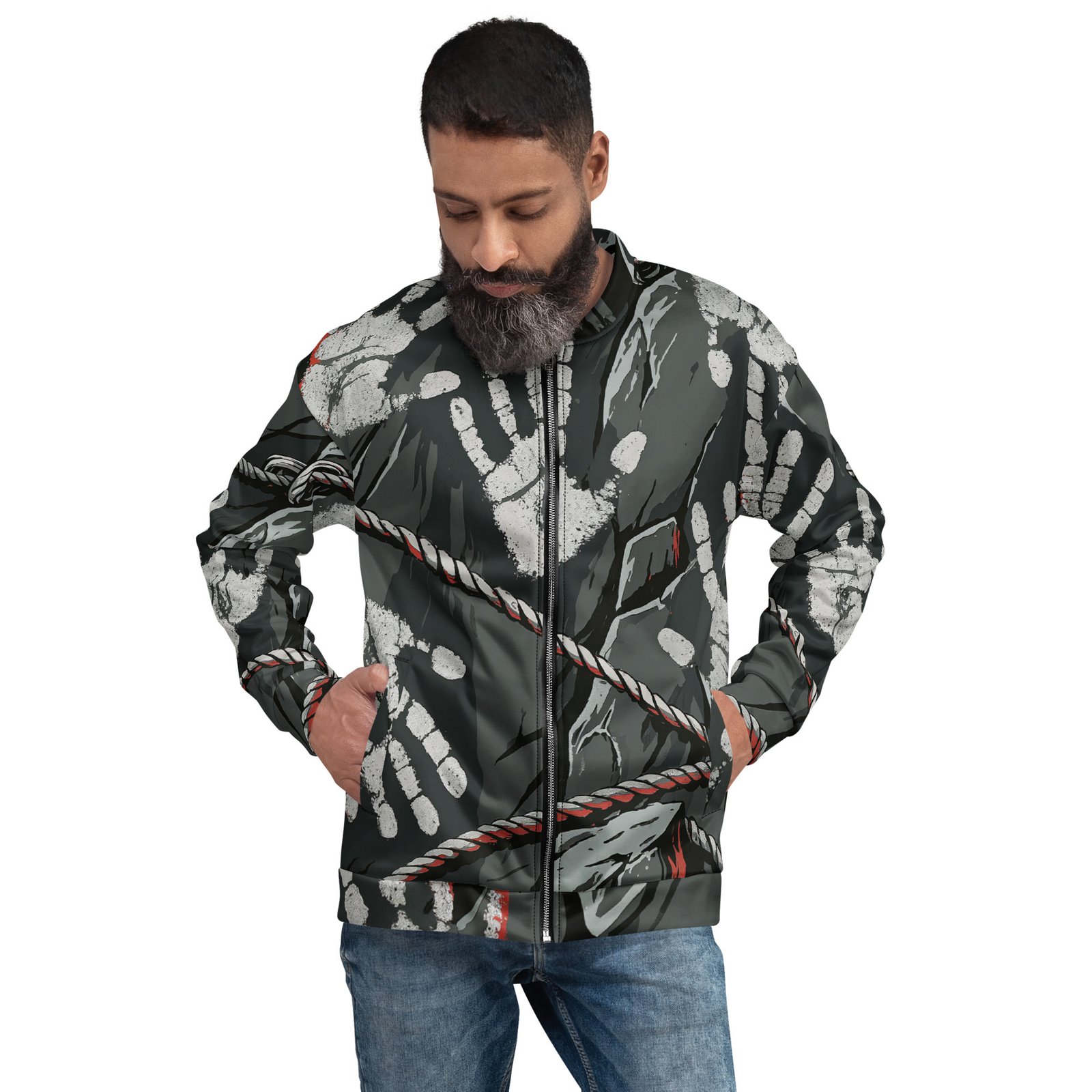 Męska bluza bomber z grafiką odcisków dłoni na skalnym tle| Zarn.pl męska bluza bomber z grafiką odcisków dłoni na skalnym tle