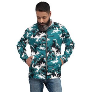 męska bluza bomber z grafiką postaci walczących z potworami