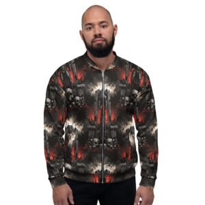 męska bluza bomber z grafiką mrocznego wojownika i czaszek