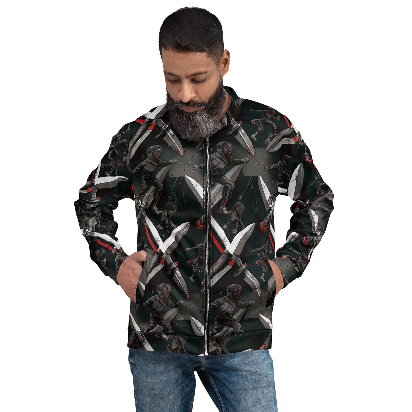 Męska bluza bomber z grafiką szermierzy i ozdobnych ostrzy| Zarn.pl męska bluza bomber z grafiką szermierzy i ozdobnych ostrzy